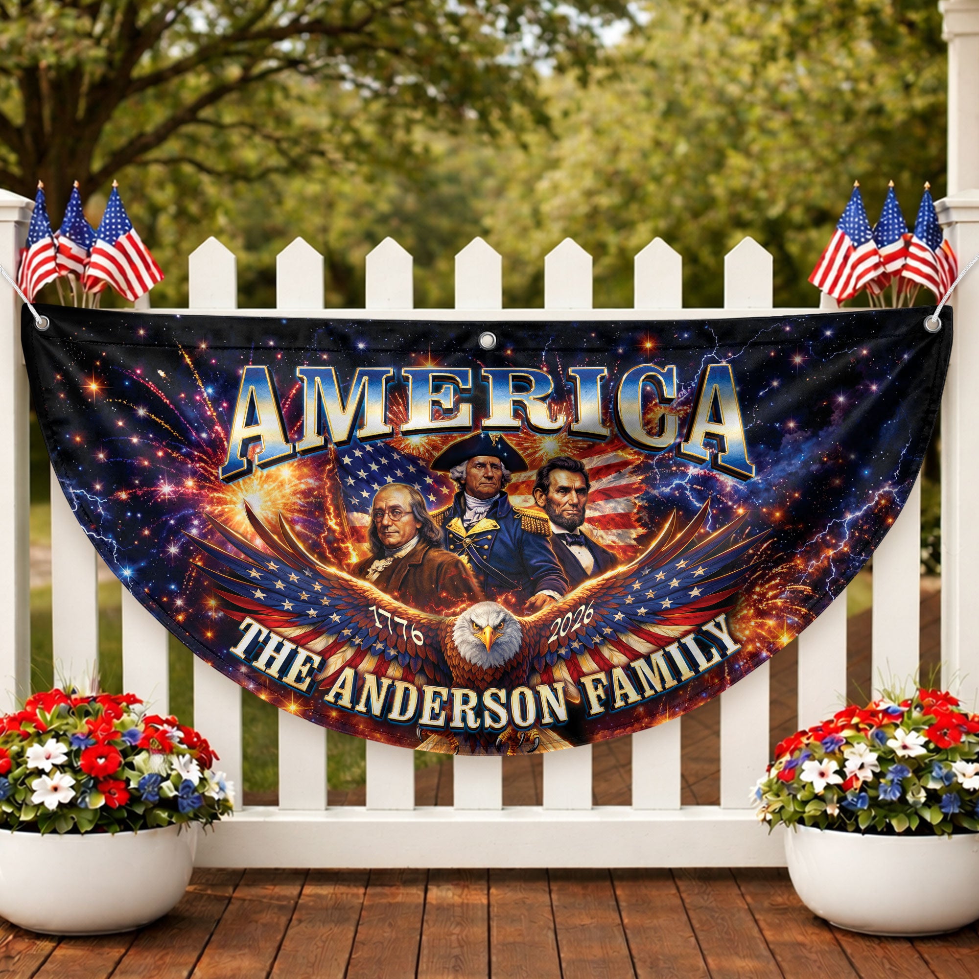 Custom Family Name America 1776-2026 Historical Founding Fathers Patriot Fence Flag