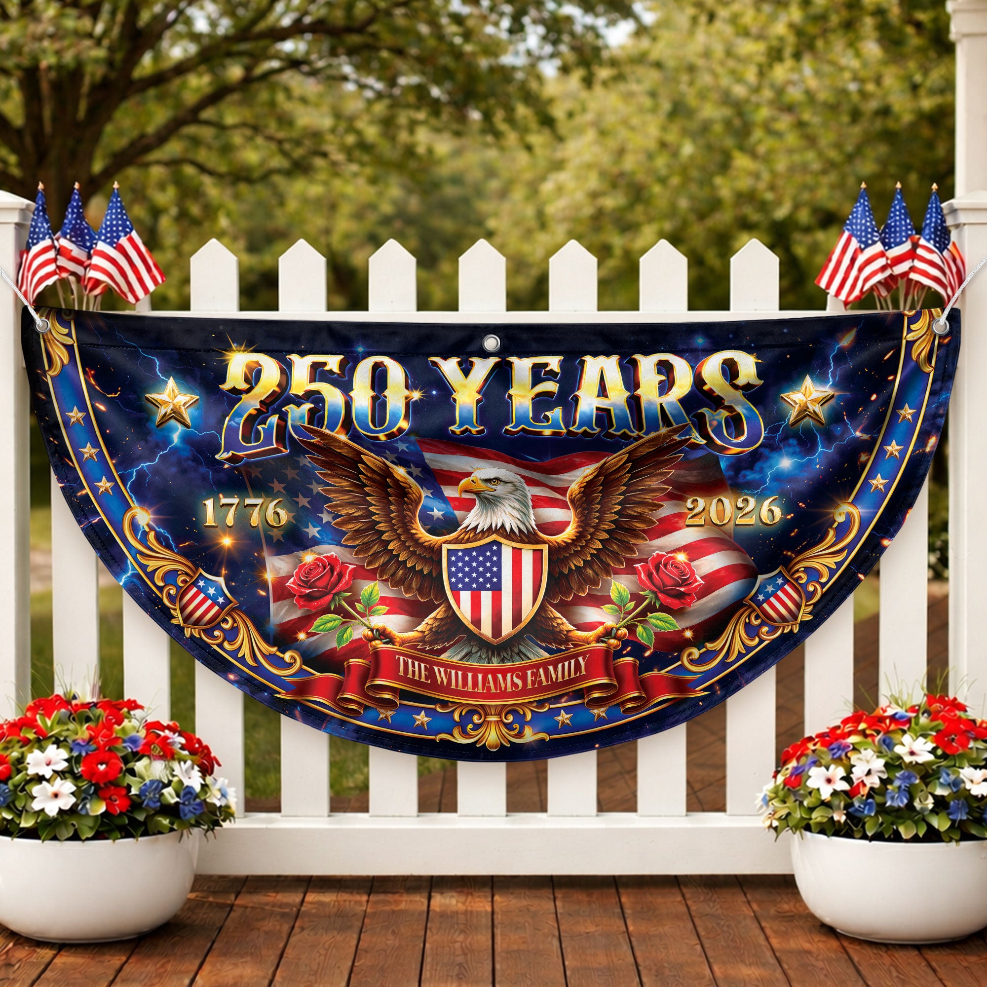 250 Years 1776-2026 Custom Family Name Patriot Eagle Shield Fence Flag Bunting Banner