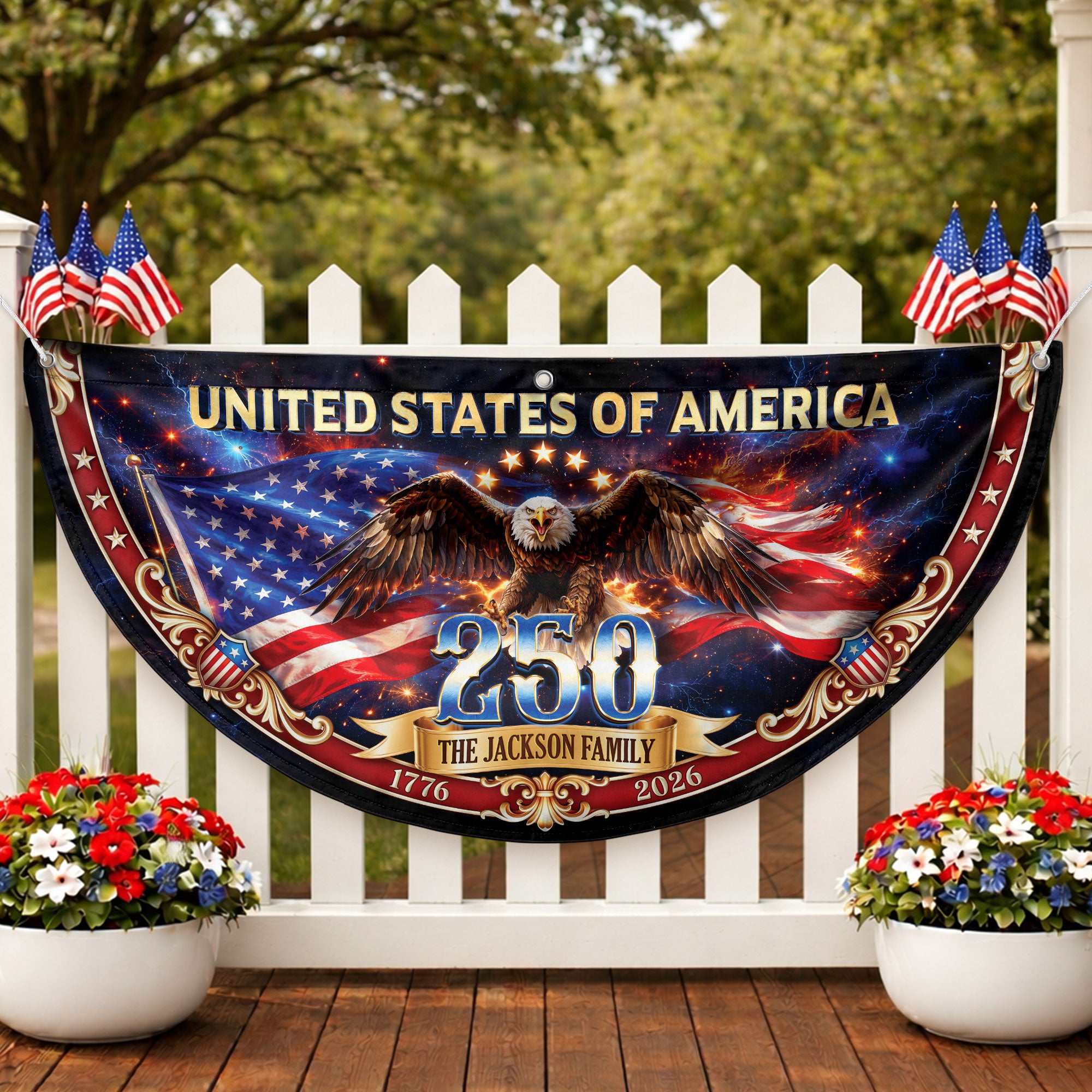 United States 250 Years Custom Family Name Fence Flag - 1776-2026 Patriot Bunting Decor