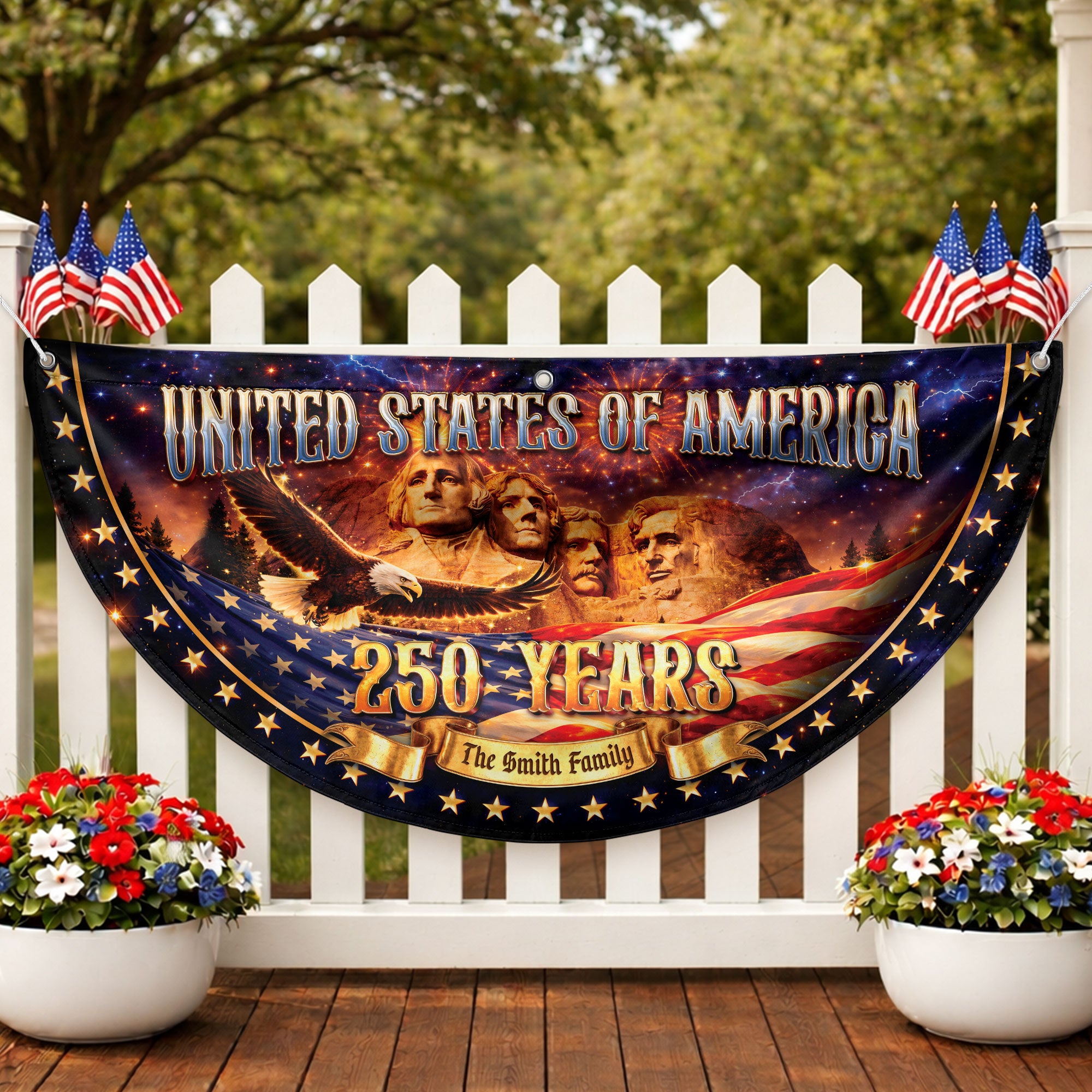 Custom Family Name United States 250 Years Mount Rushmore Patriot Bunting Fence Flag