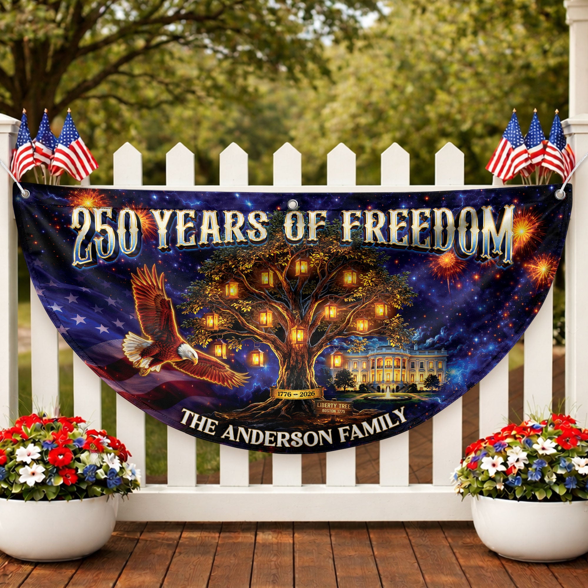 Custom Family Name 250 Years of Freedom Liberty Tree 1776-2026 Patriot Fence Flag Banner