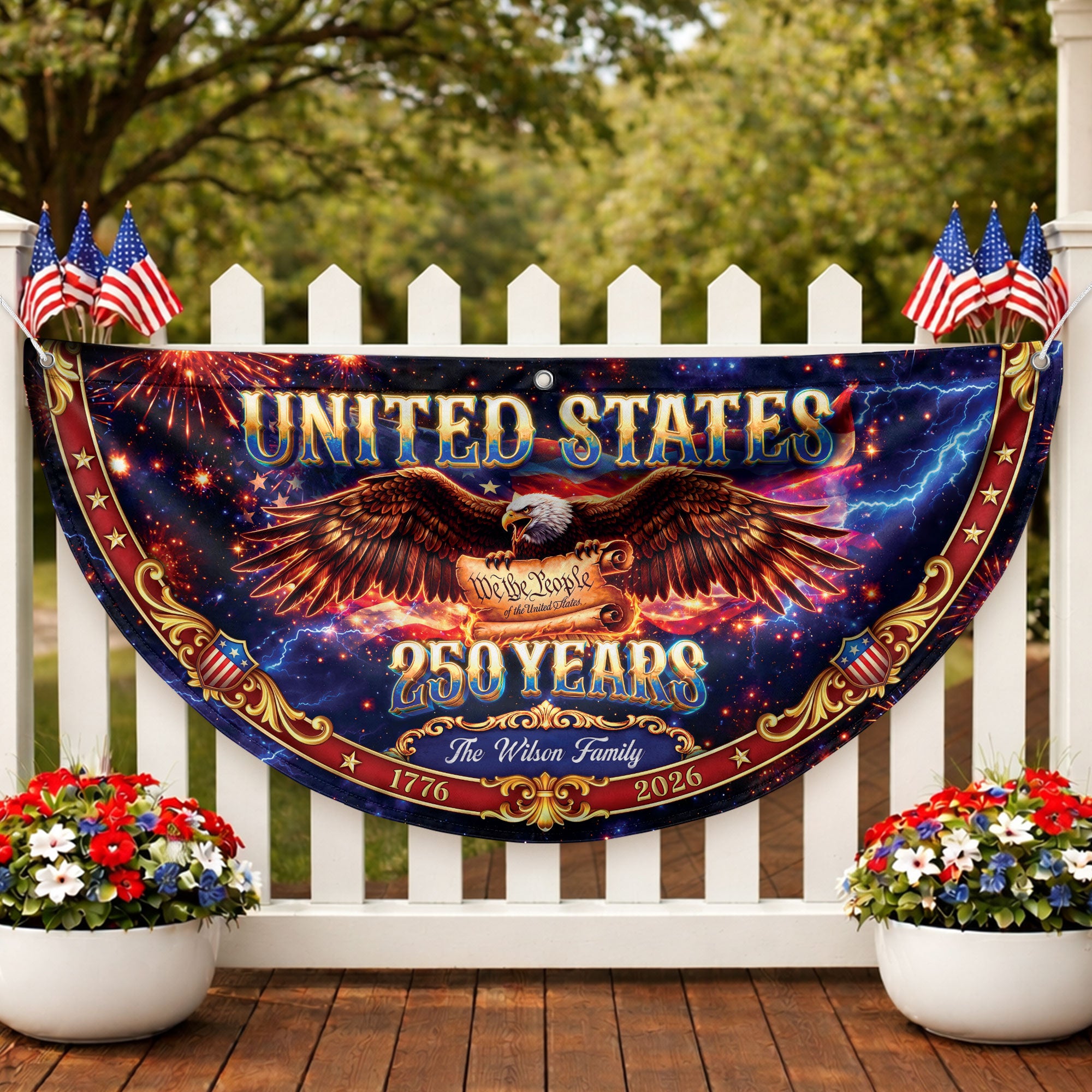 Custom Family Name 250 Years United States Patriot Eagle 1776-2026 Fence Flag Banner