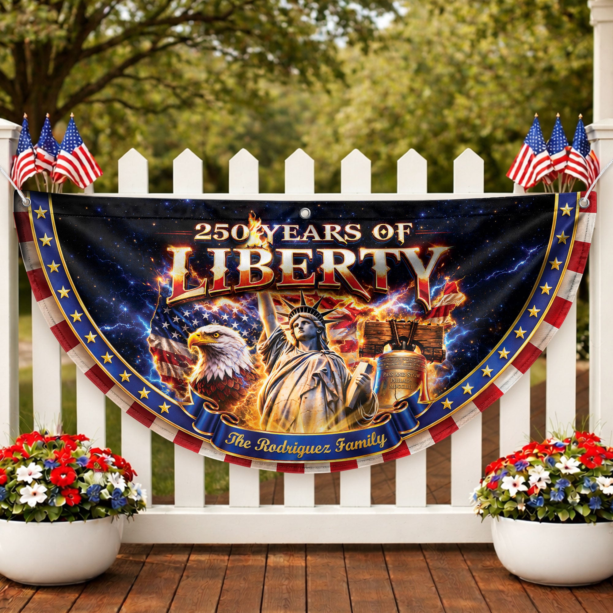 United States 250 Years Custom Family Name Fence Flag - 1776-2026 Patriot Liberty Decor