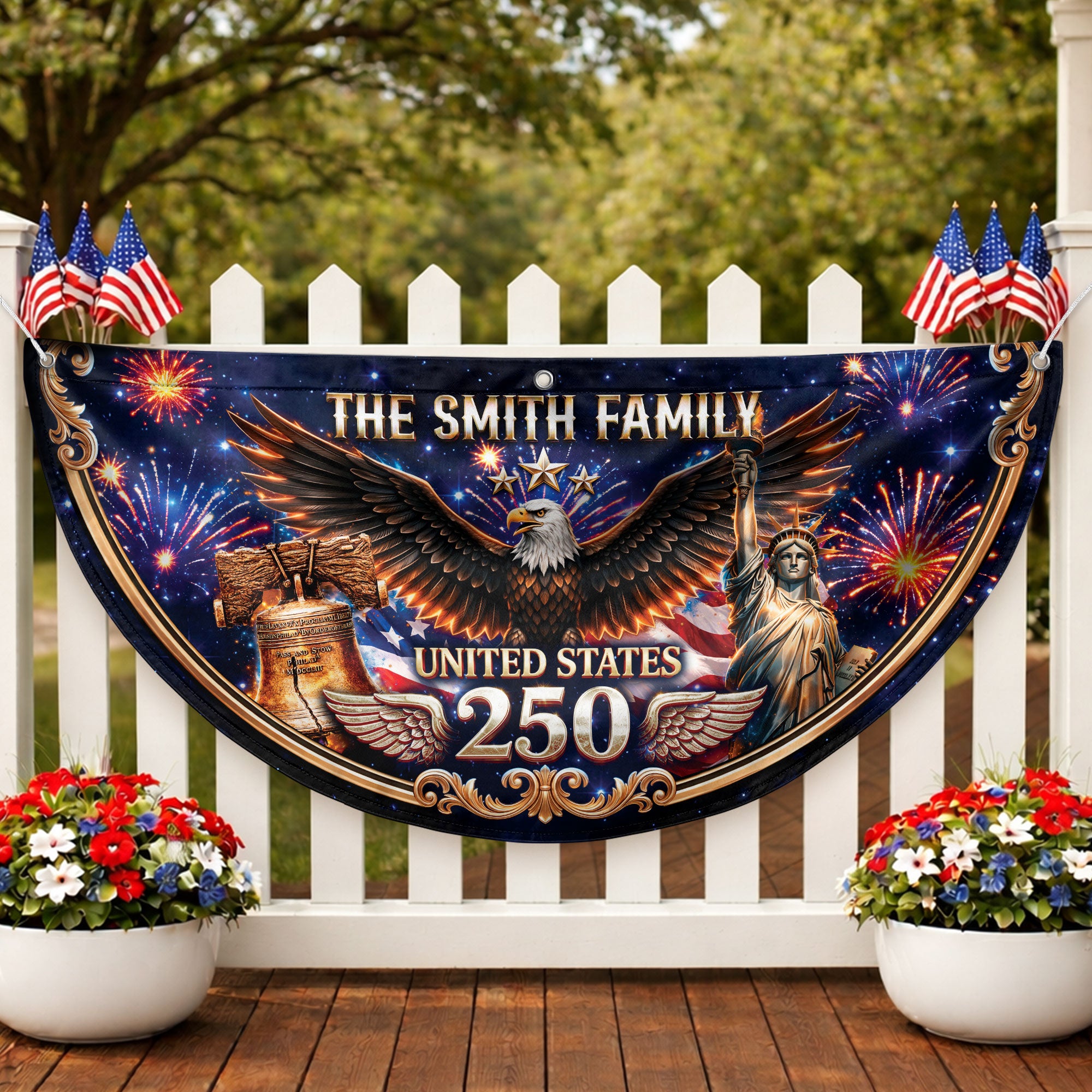 Personalized Family Name 1776-2026 United States Patriot Eagle Statue of Liberty Fence Flag