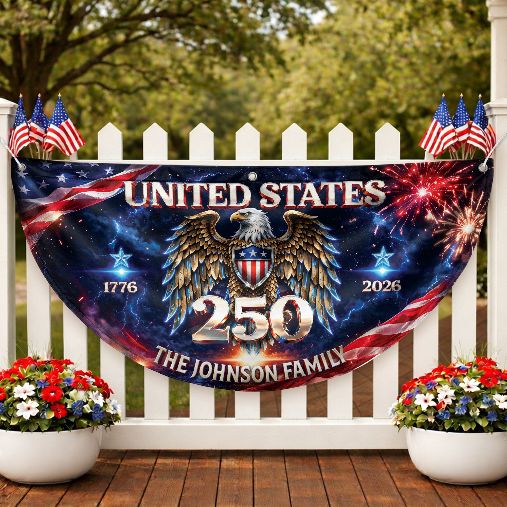 Custom Family Name United States 250 Years Patriot Eagle 1776-2026 Bunting Fence Flag