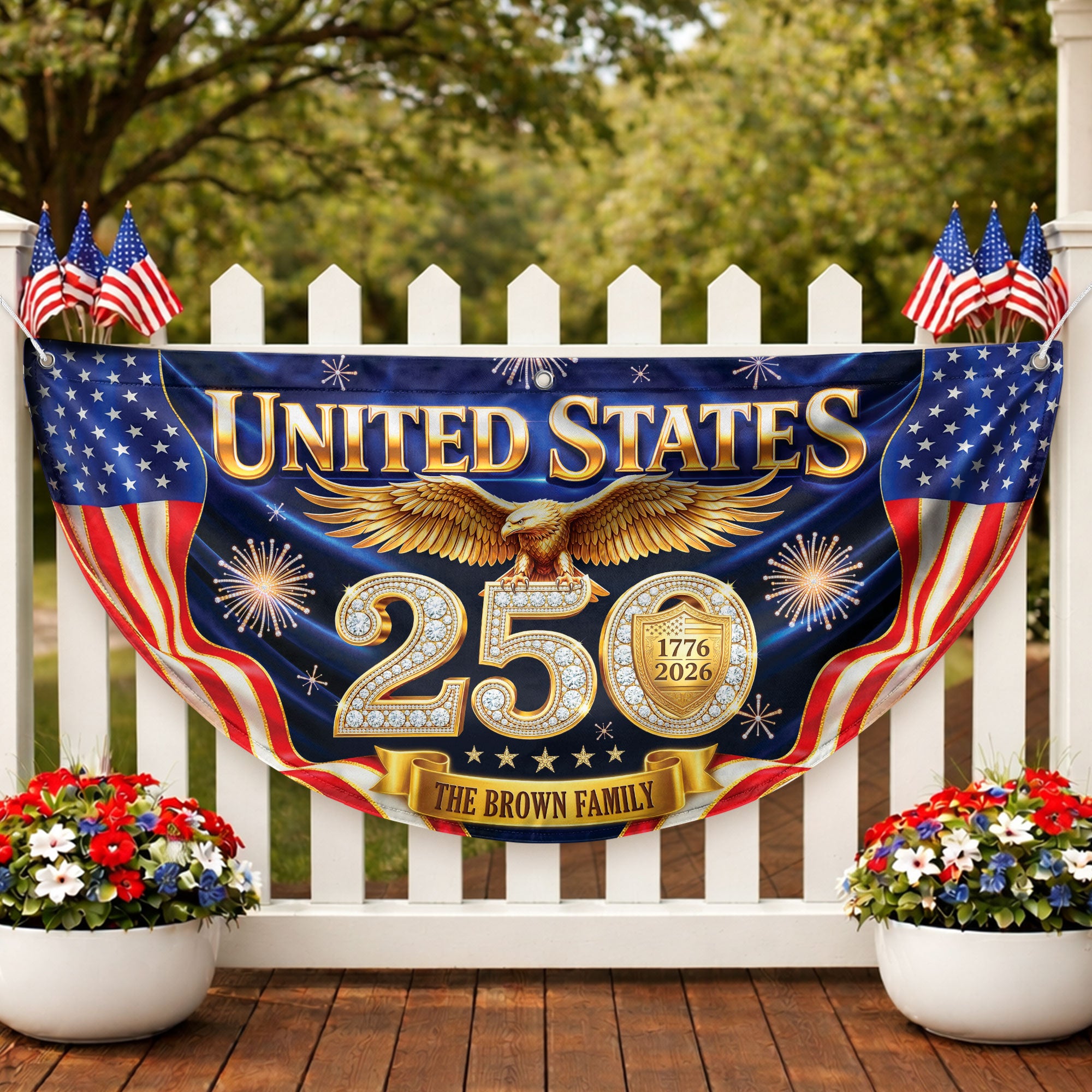 Custom Family Name United States 250 Years Patriot Golden Eagle 1776-2026 Fence Flag