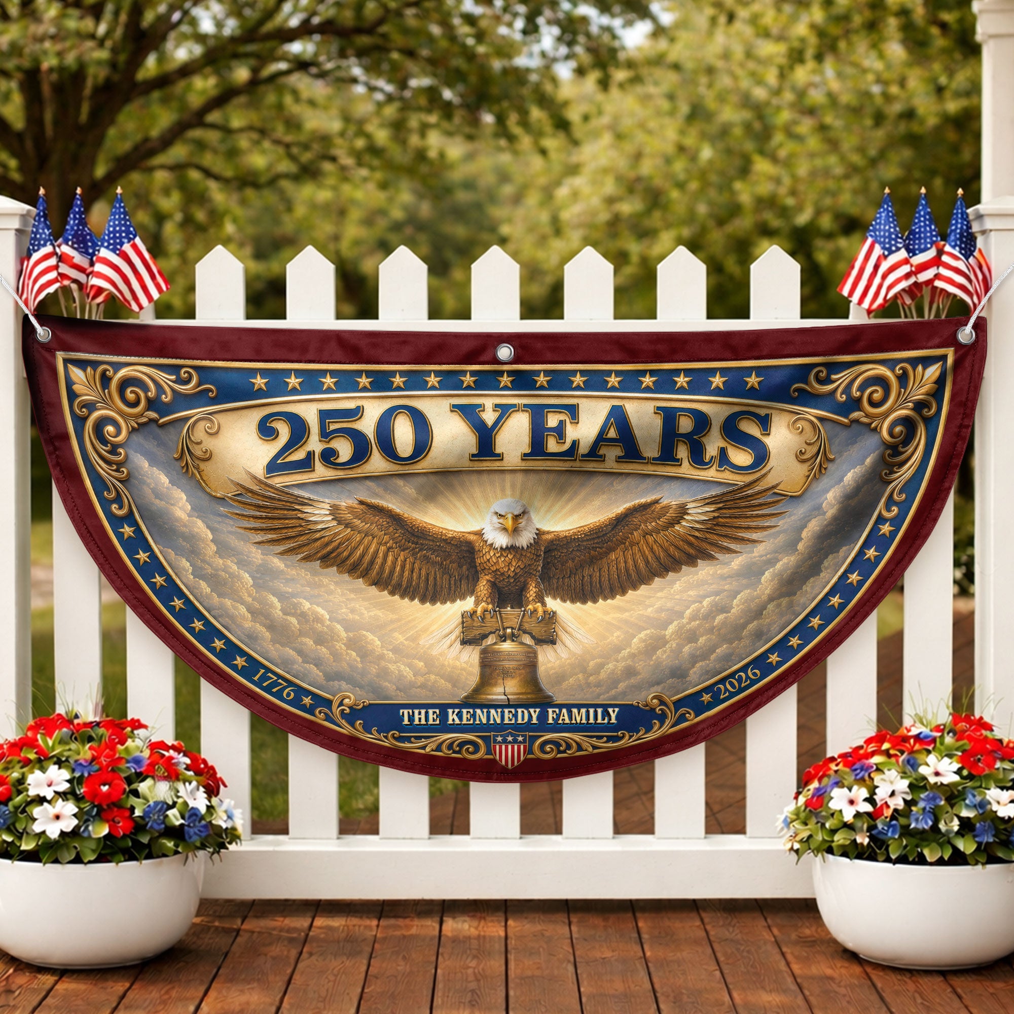 Custom Family Name 250 Years United States Patriot Eagle Liberty Bell Fence Flag