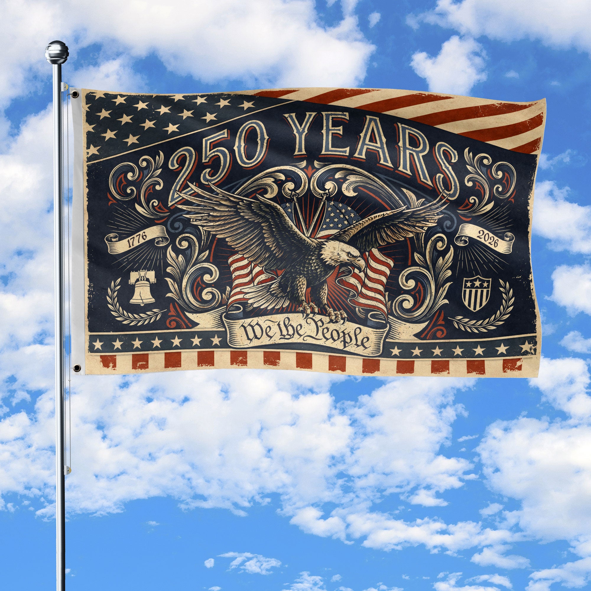 250 Years We The People Flag 1776-2026 Vintage American Eagle Liberty Bell Banner