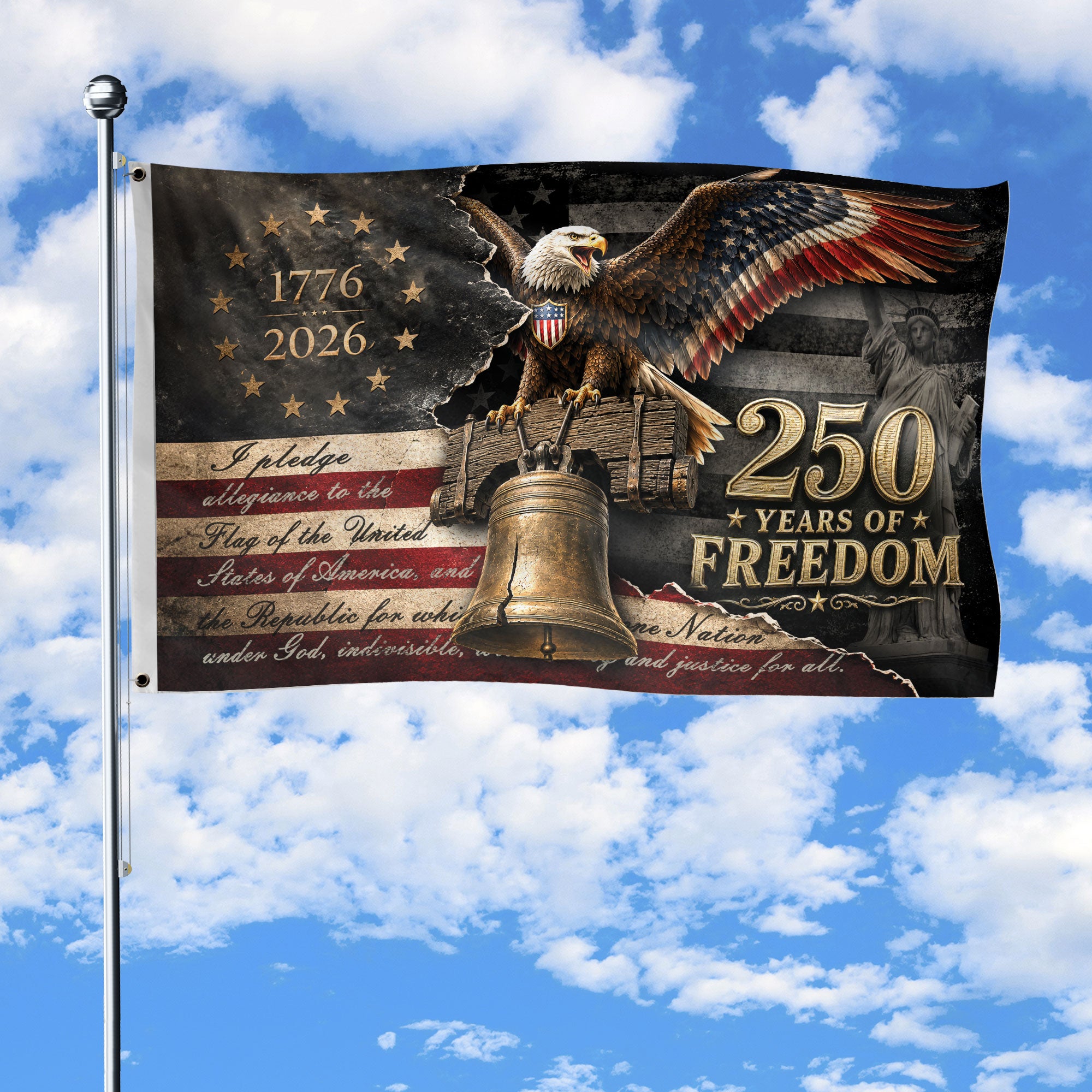 Commemorative 250 Years of Freedom Flag 1776-2026 Bald Eagle Liberty Bell Patriotic US Banner
