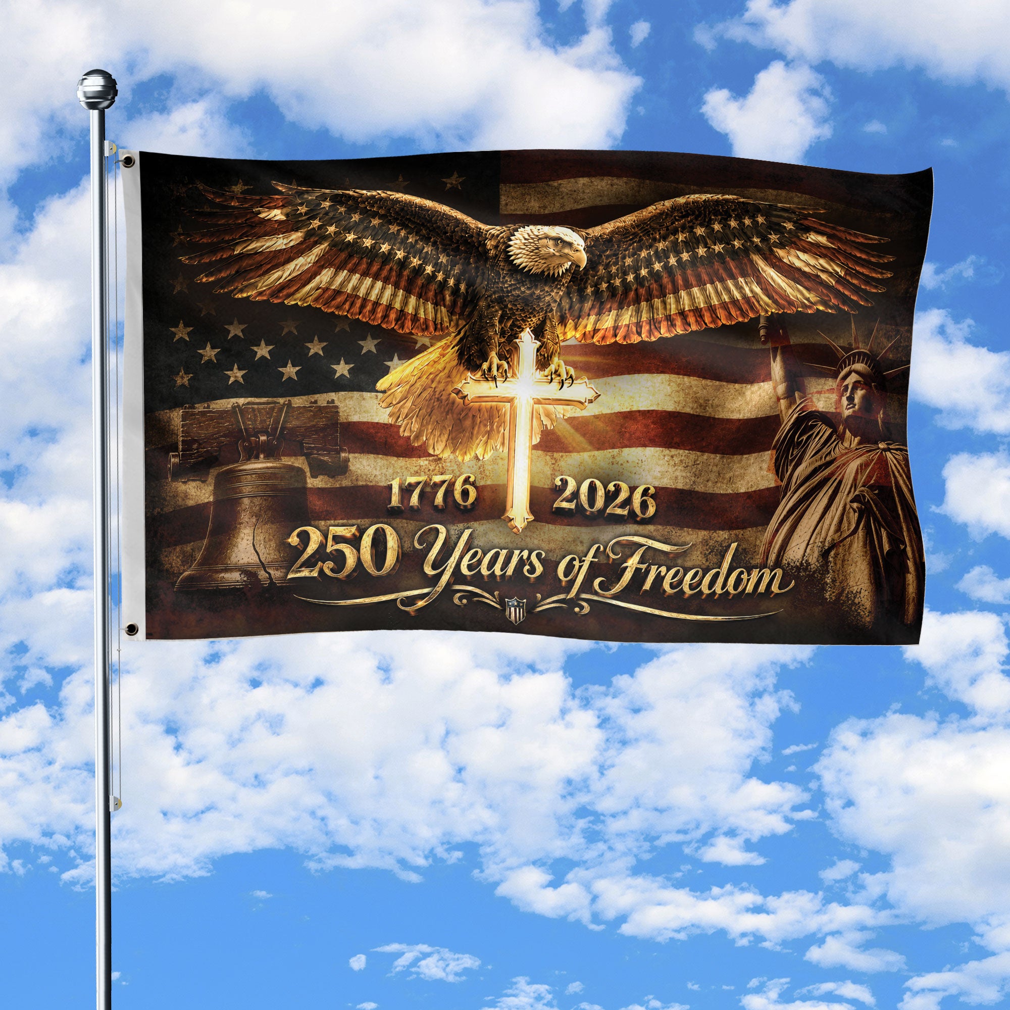 250 Years of Freedom Flag 1776-2026 Patriotic US Bald Eagle Liberty Bell Cross Banner
