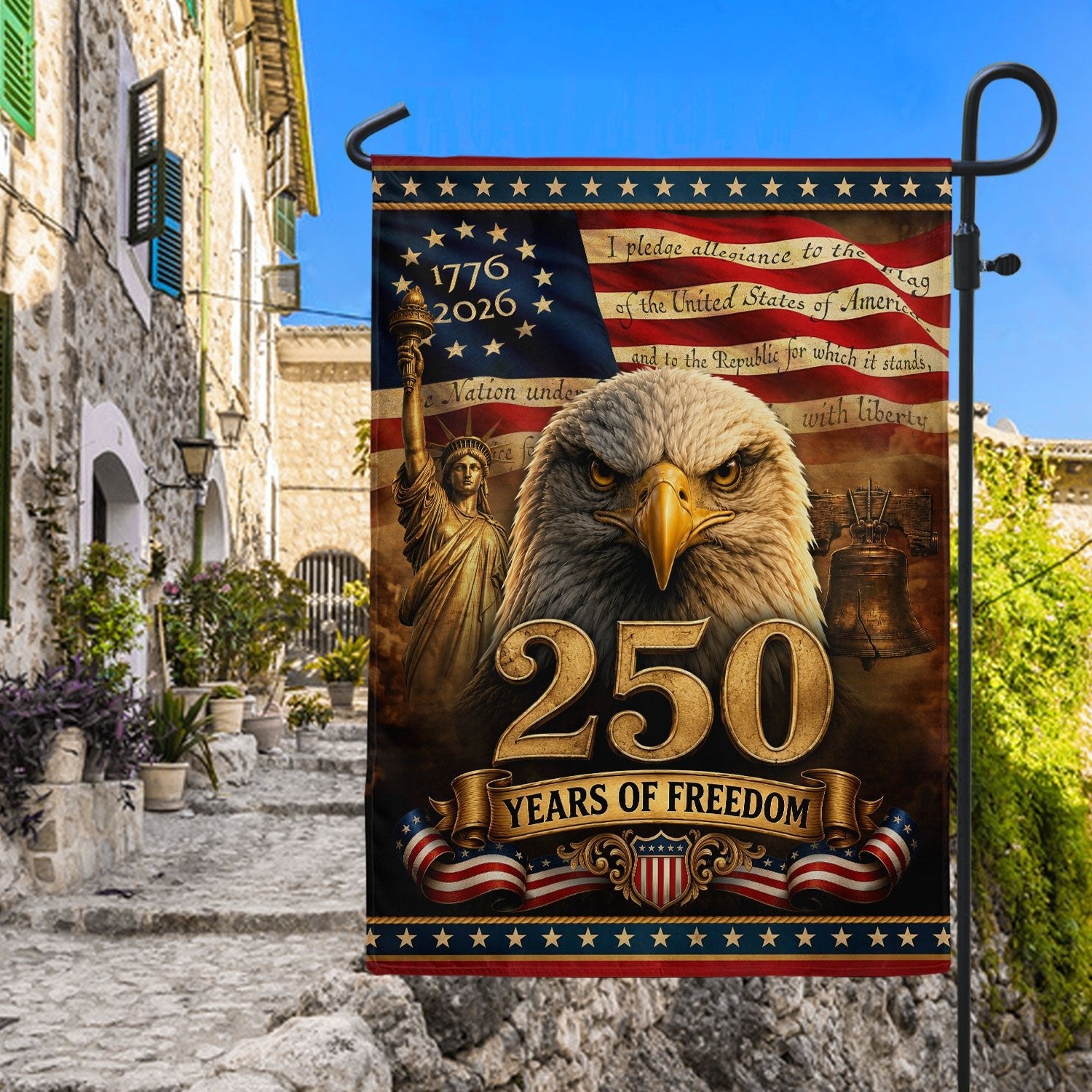 USA 250 Years of Freedom House Flag - Pledge of Allegiance & Patriotic Eagle Banner - Rust Field Wear