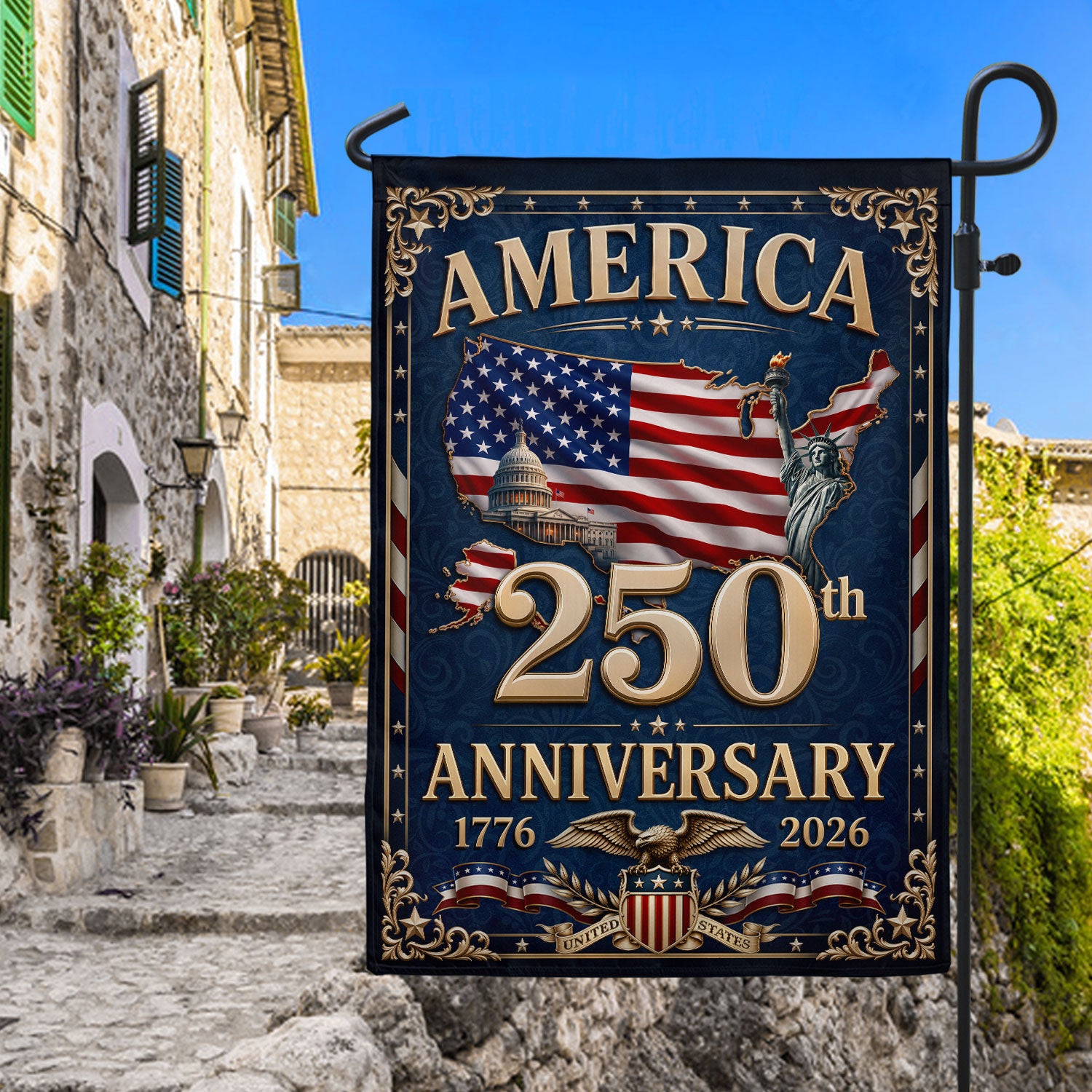 USA 250th Anniversary Garden Flag - 1776-2026 Patriotic Map & Eagle Yard Decor