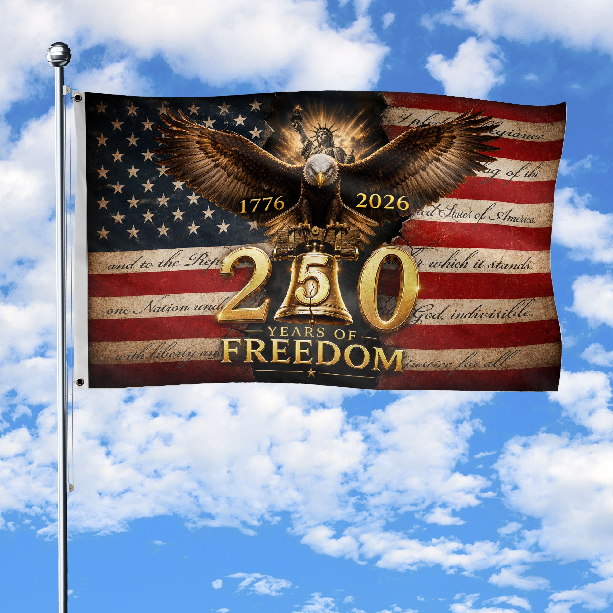 250 Years of Freedom Flag 1776-2026 Eagle Liberty Bell Statue of Liberty US Banner - Rust Field Wear