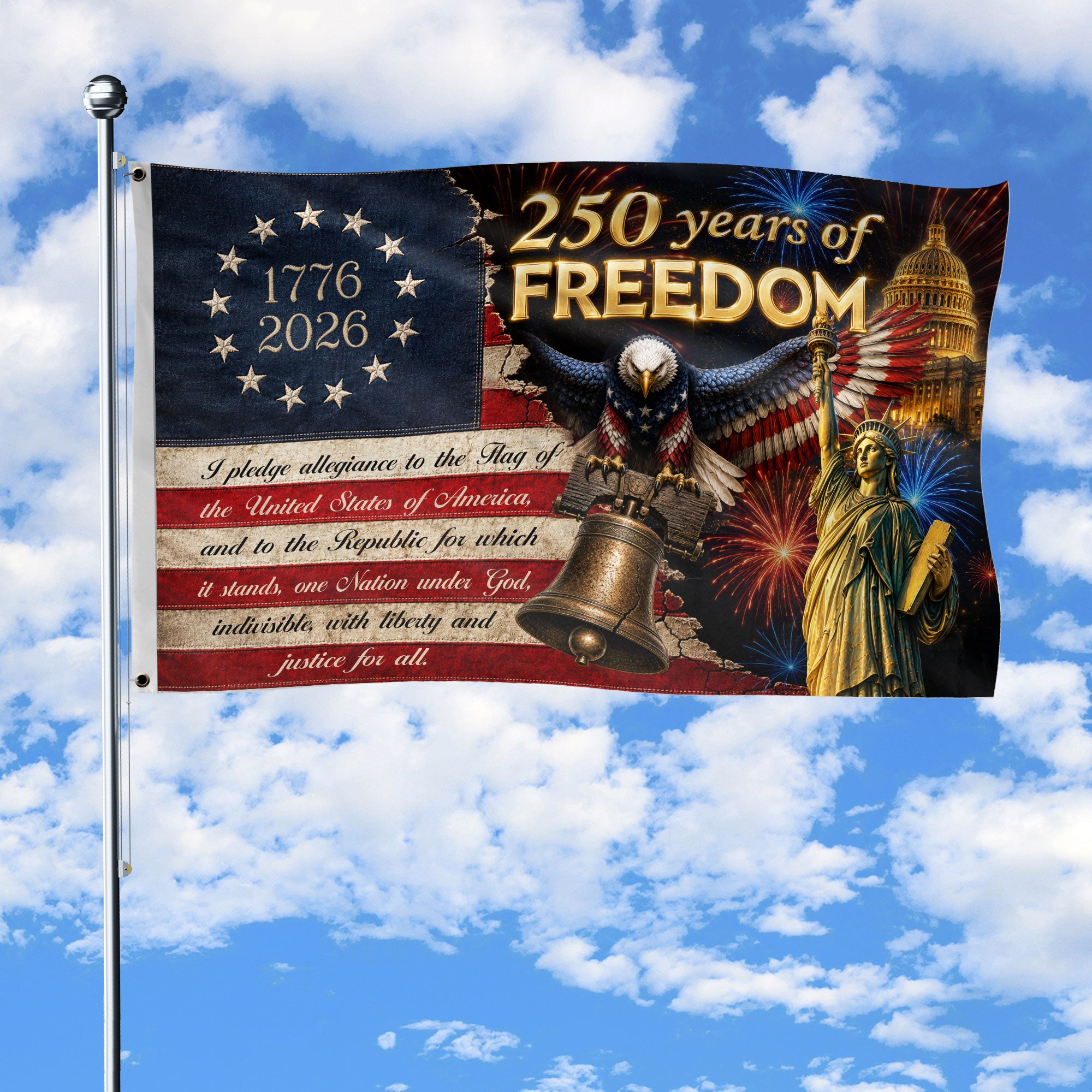 250 Years of Freedom Flag 1776-2026 Pledge of Allegiance Statue of Liberty US Banner - Rust Field Wear