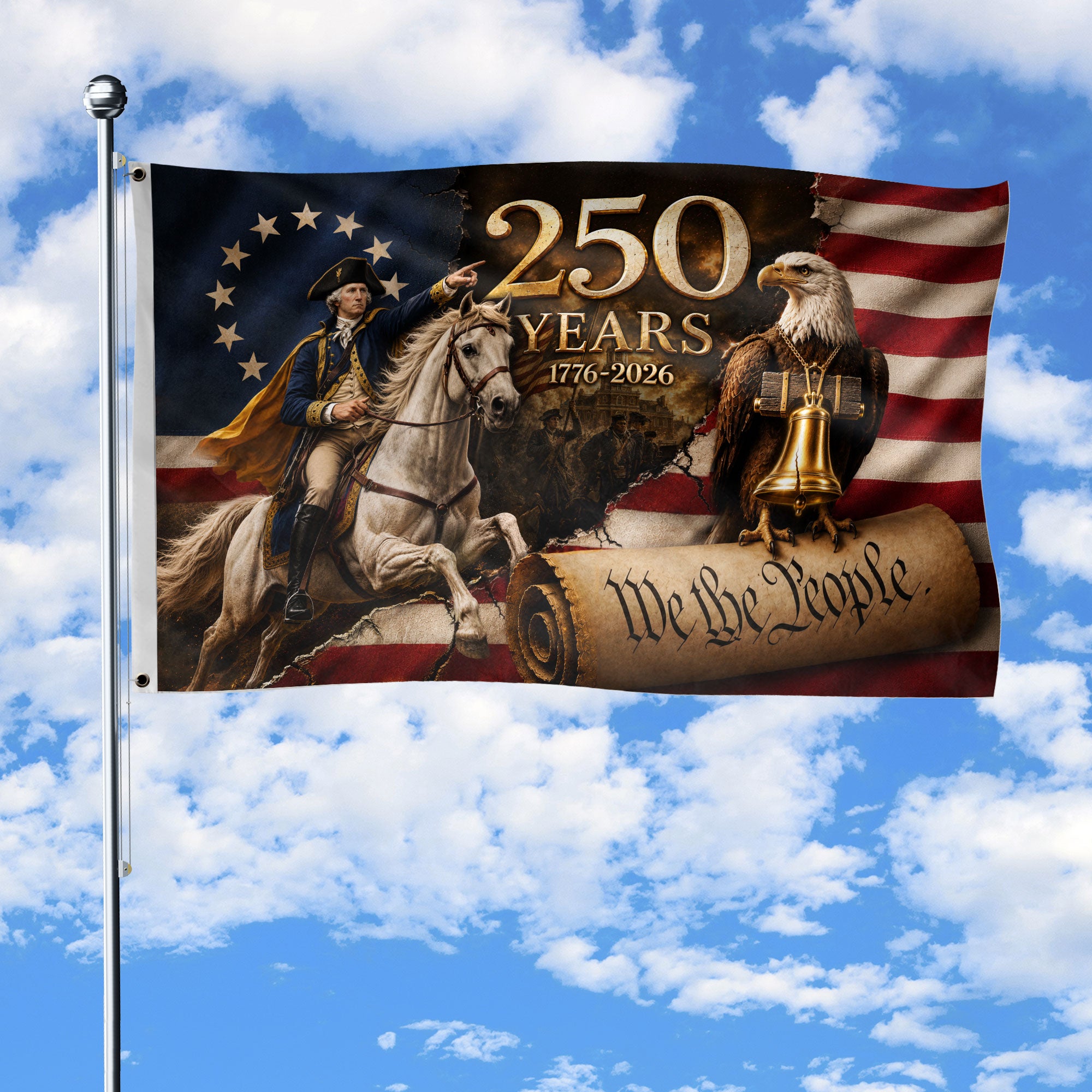 250 Years US Flag George Washington Eagle Liberty Bell 1776-2026 We The People Banner - Rust Field Wear