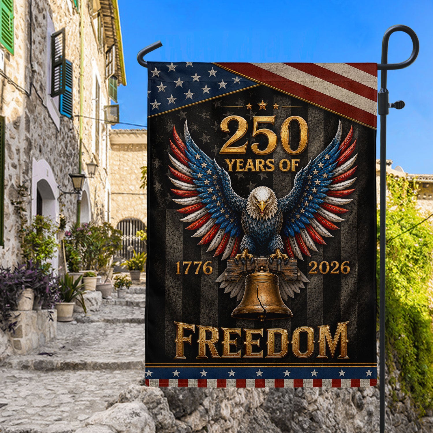 250 Years of Freedom House Flag Patriotic Eagle Liberty Bell USA Decor