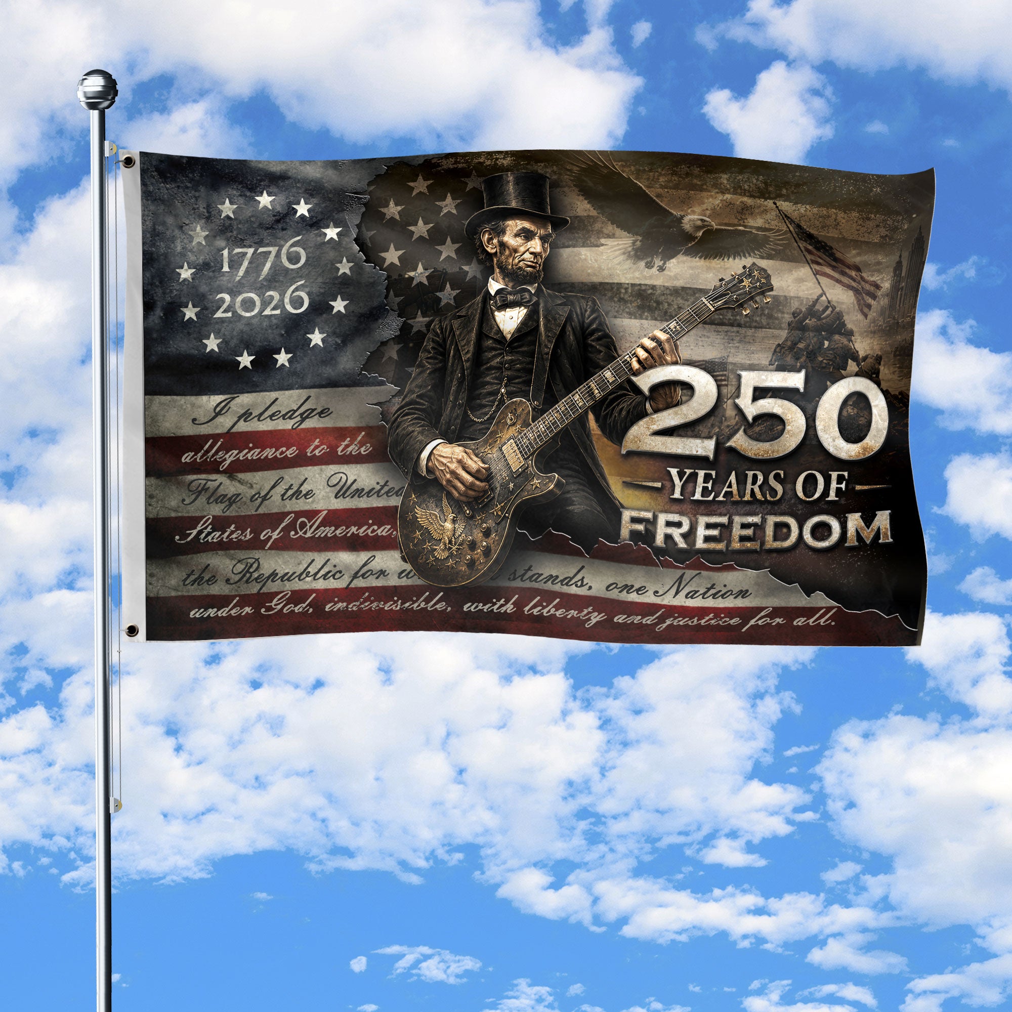 250 Years of Freedom Flag 1776-2026 Abraham Lincoln Guitar Eagle Patriotic US Banner