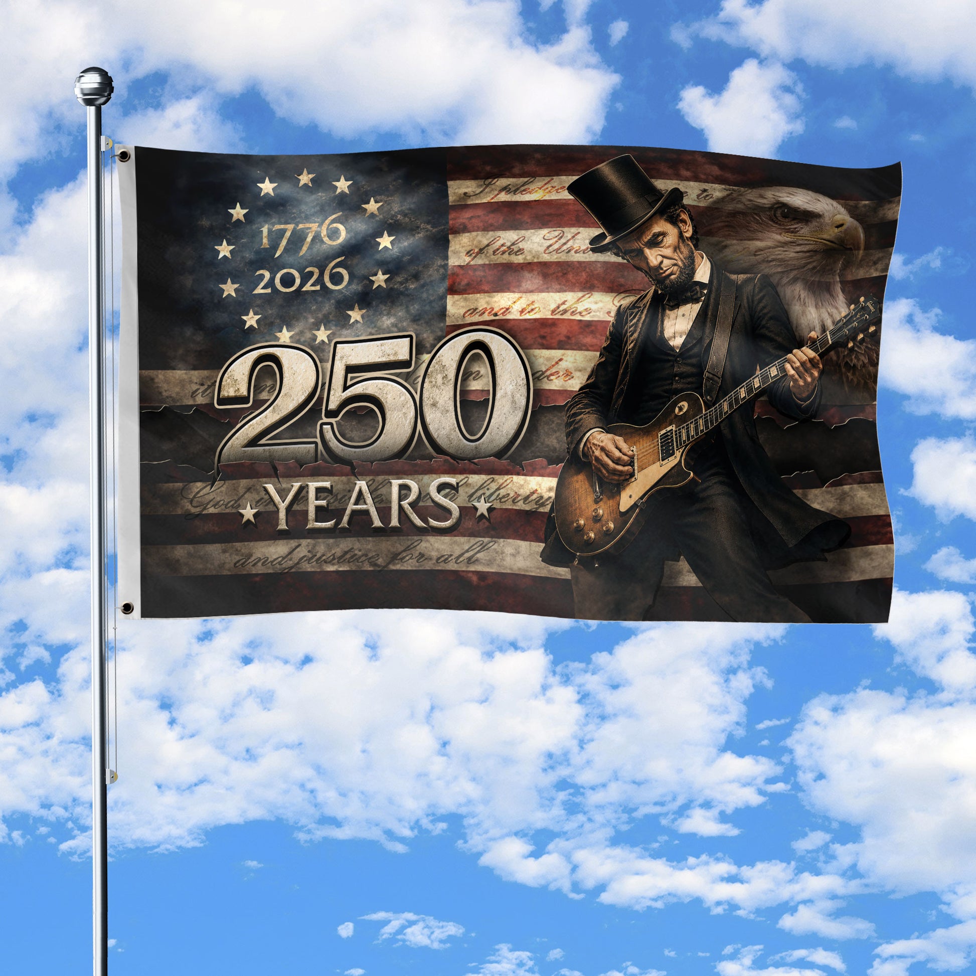 Patriotic 250 Years of Freedom Flag 1776-2026 Abraham Lincoln Guitar Bald Eagle US Banner - Rust Field Wear
