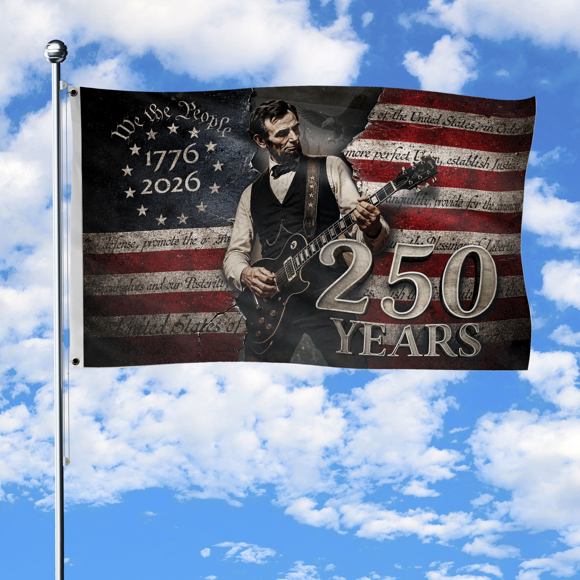 250 Years of Freedom Flag 1776-2026 Abraham Lincoln Guitar Patriotic US Banner We the People Decor