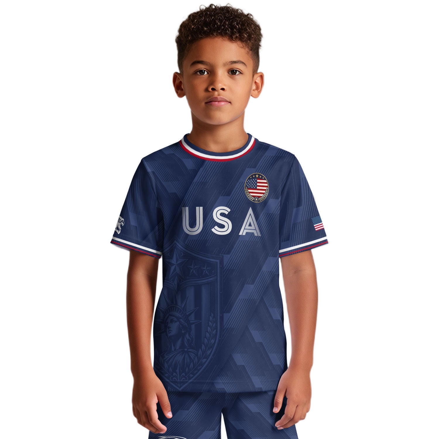 USA Soccer Jersey Kids Set Navy Patriotic Youth Football Shirt Shorts Outfit Kit