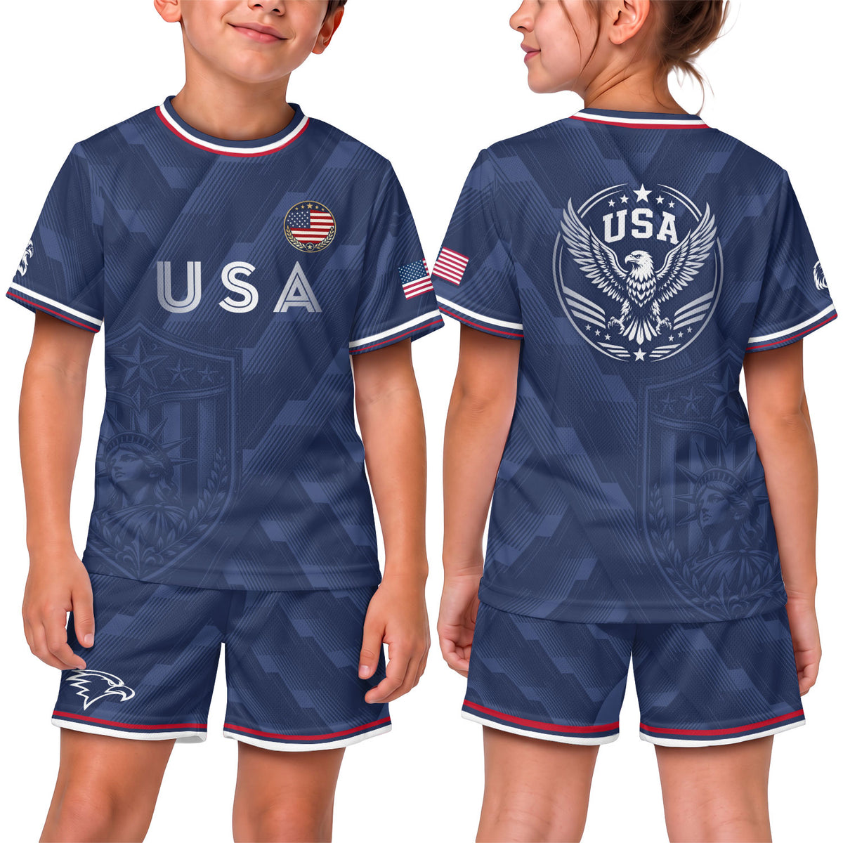 USA Soccer Jersey Kids Set Navy Patriotic Youth Football Shirt Shorts Outfit Kit - Rust Field Wear
