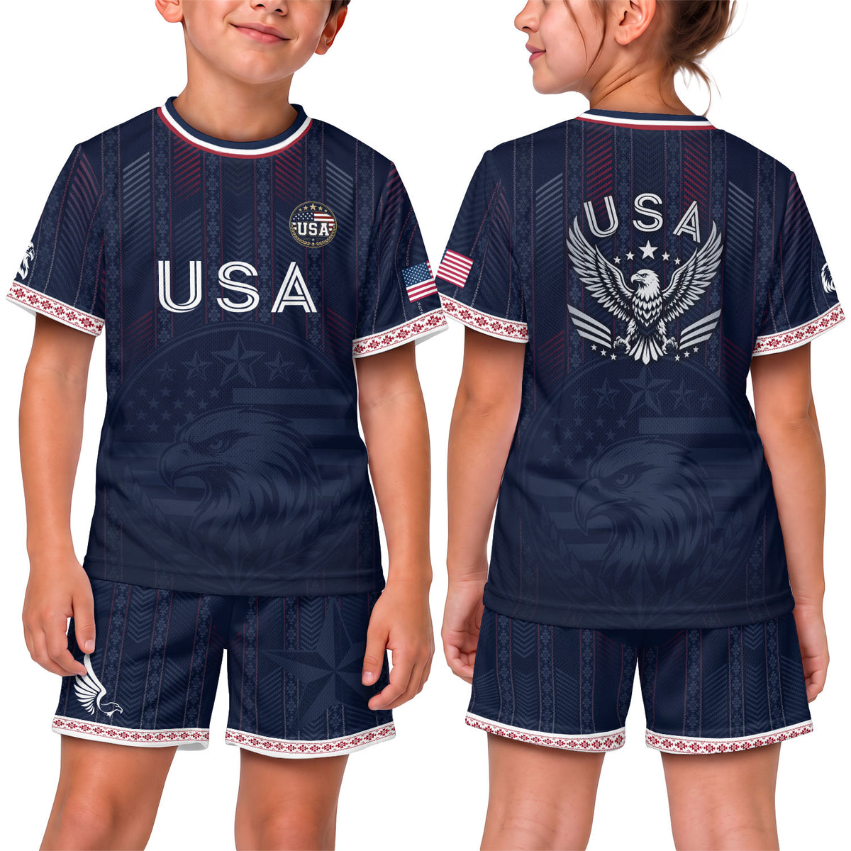United States Soccer Jersey Kids Set Navy Soccer Ball Patriotic Youth Football Outfit Kit - Rust Field Wear