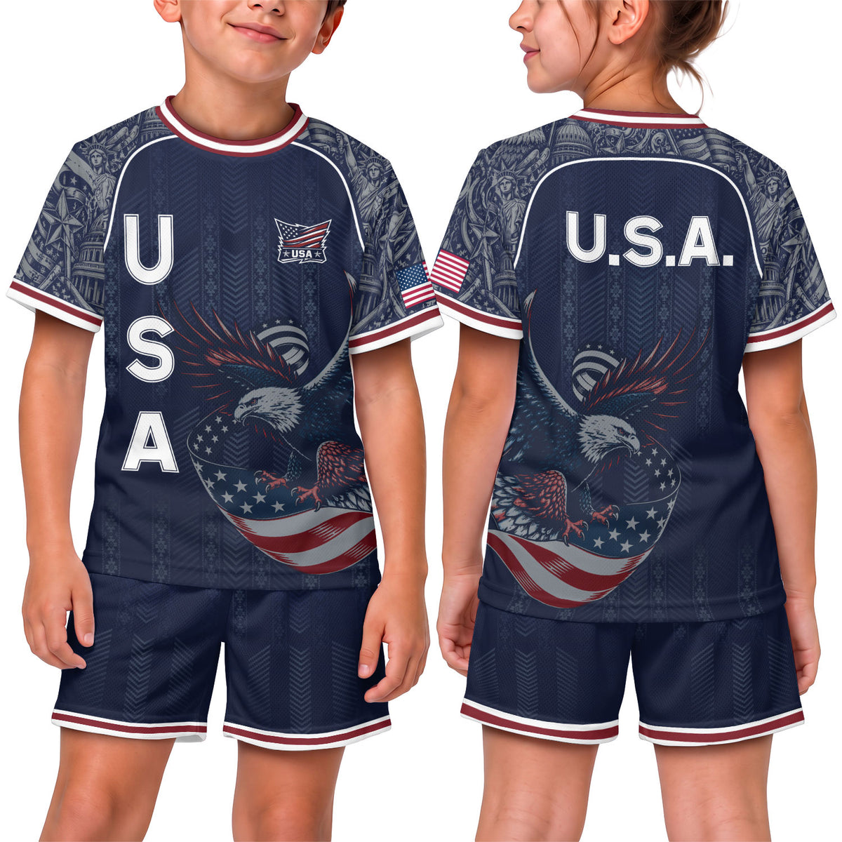 USA Soccer Jersey Kids Shorts Set Navy Athletic Football Shirt and Shorts Outfit - Rust Field Wear