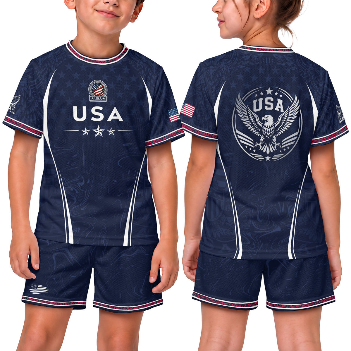 United States Kids Soccer Jersey Set Navy USA Soccer Ball Youth Football Kit - Rust Field Wear