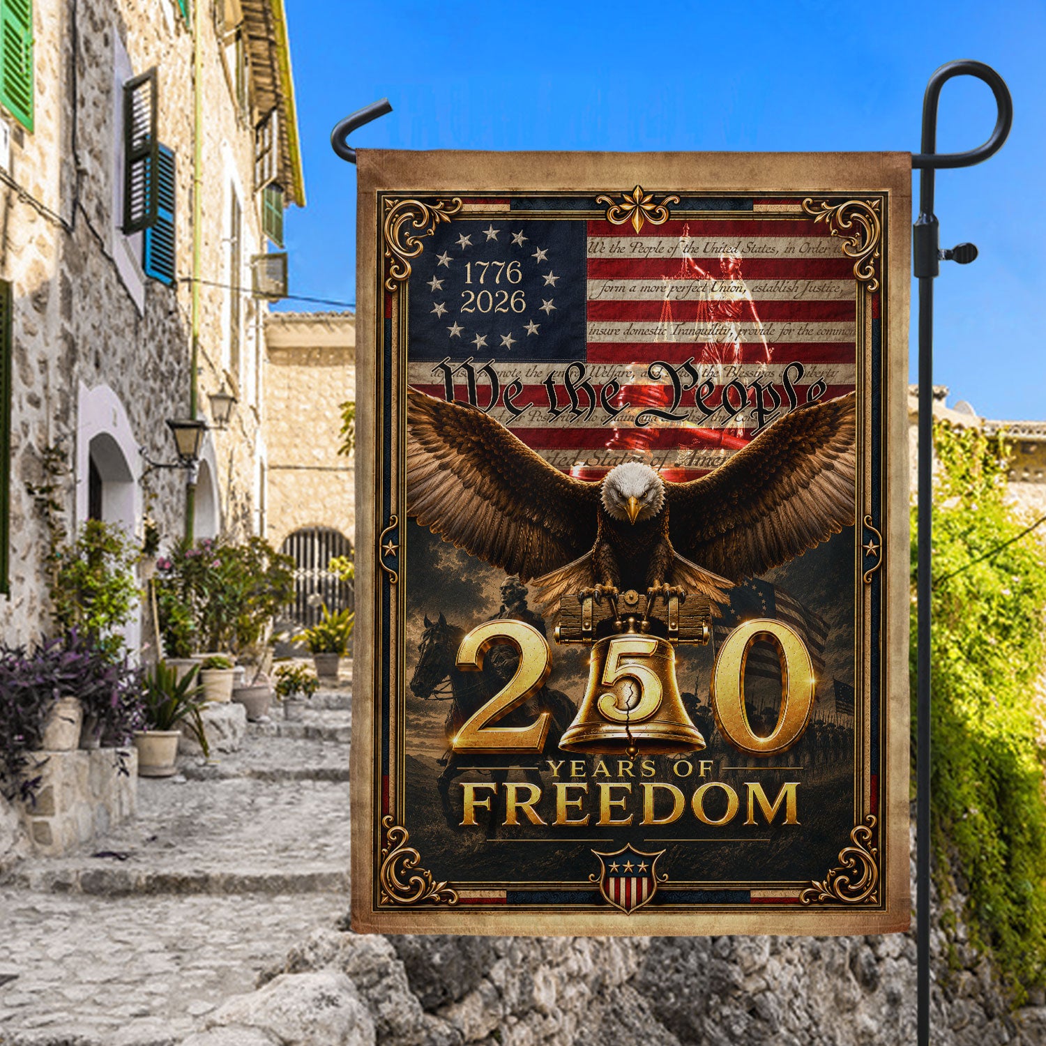 USA 250th Anniversary House Flag Patriotic Bald Eagle We the People Liberty Icons Banner