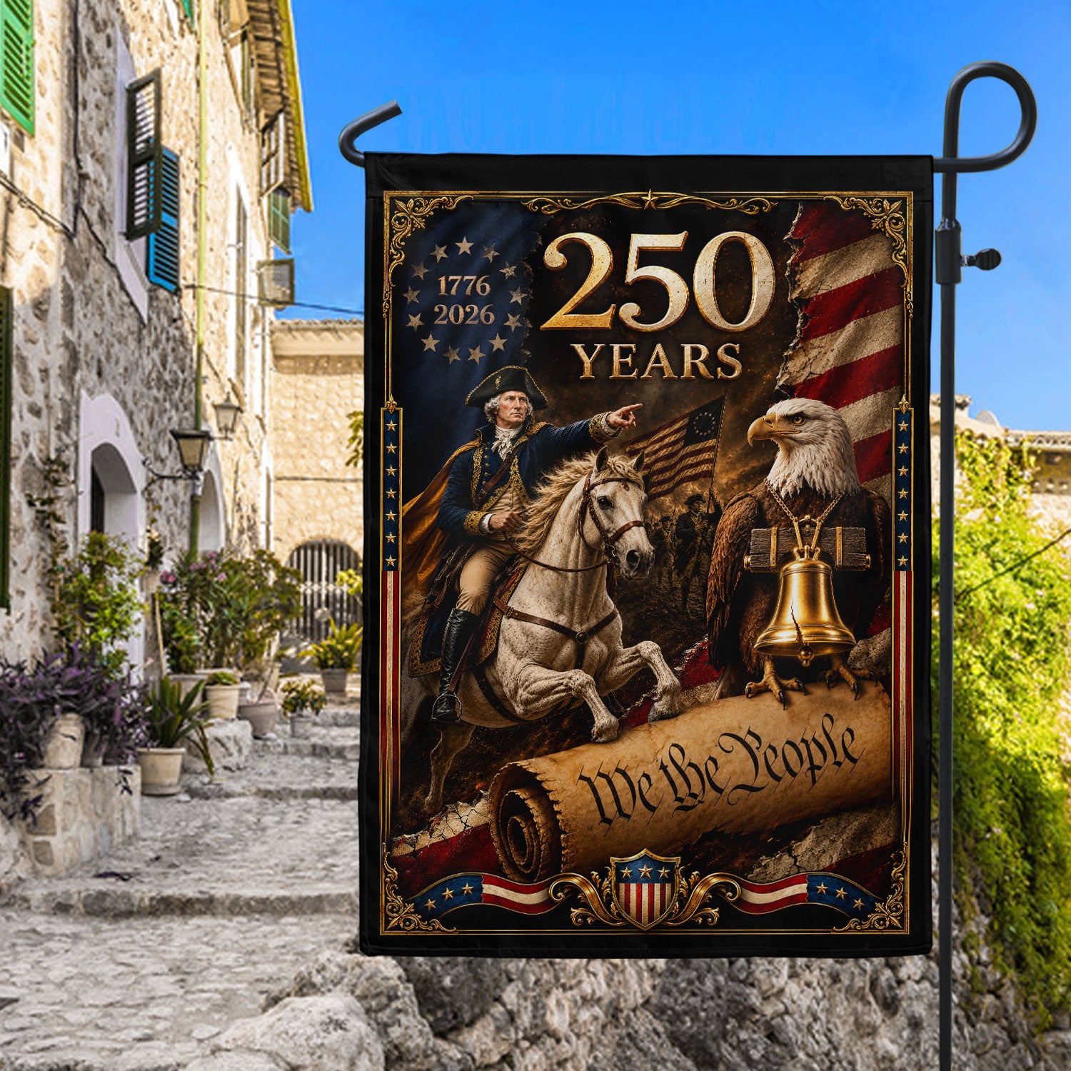 250 Years of Freedom House Flag 1776-2026 George Washington Bald Eagle Liberty Icons Banner