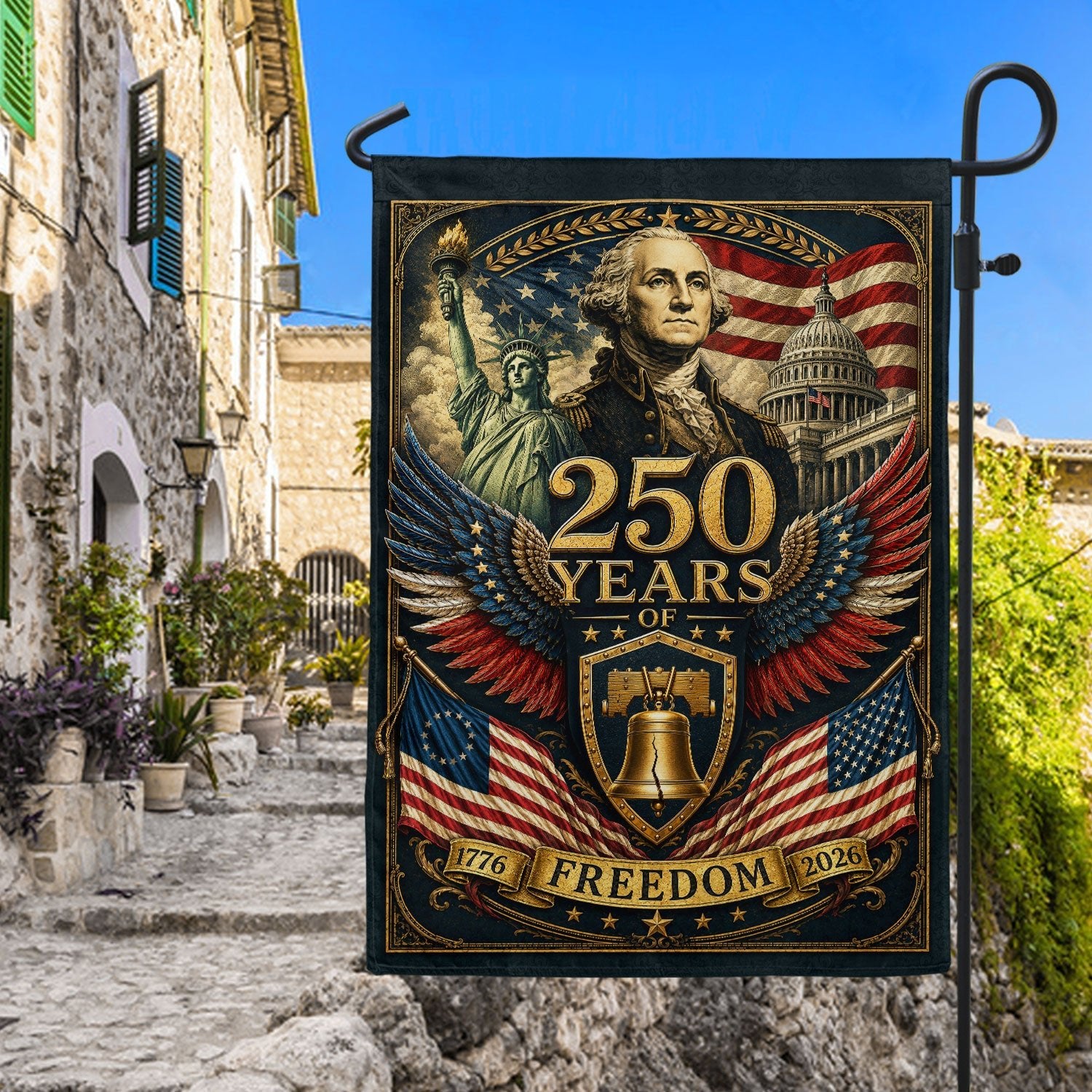 USA 250th Anniversary House Flag 1776-2026 Patriotic George Washington Liberty Icons Banner - Rust Field Wear