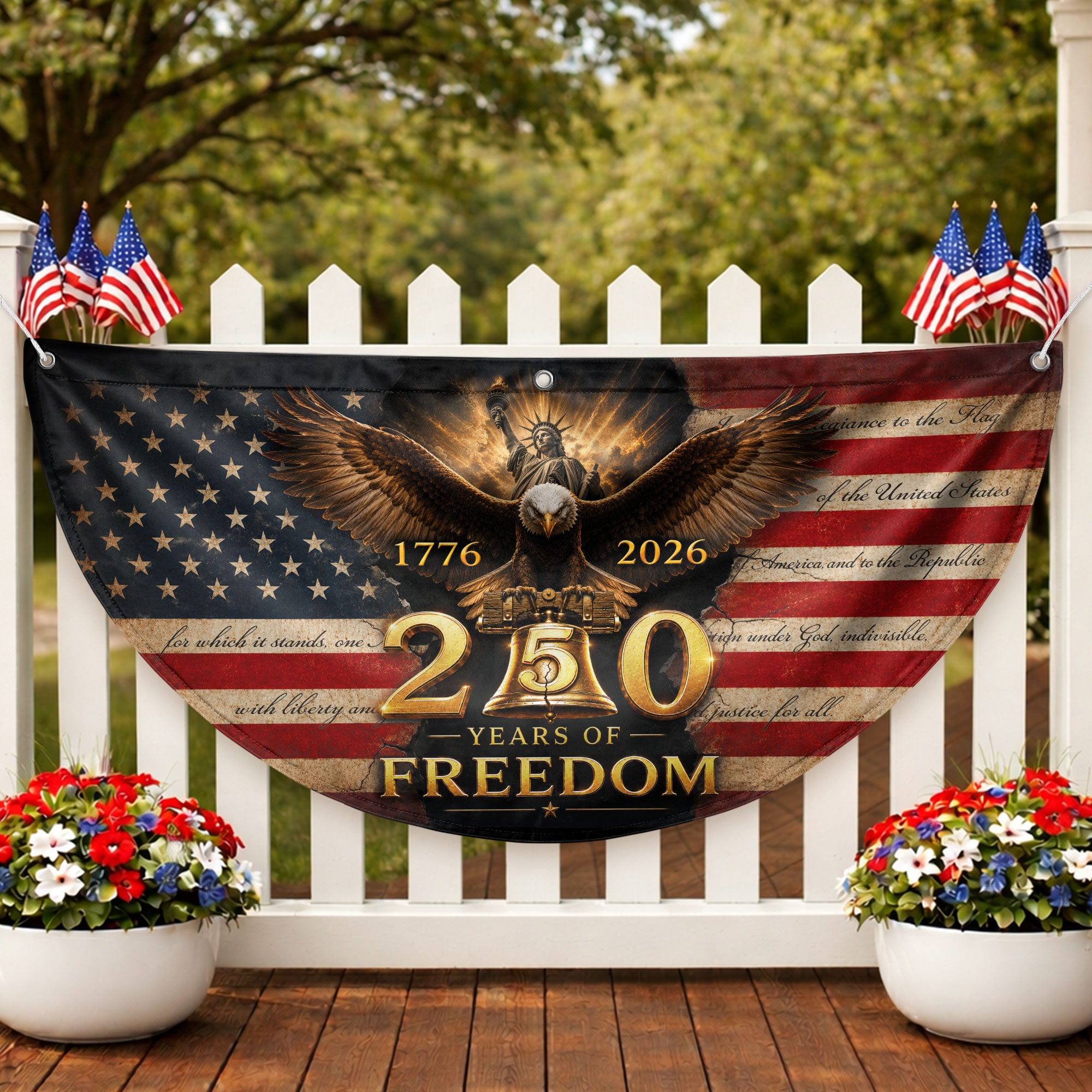 250th Anniversary US Fence Flag 1776-2026 Patriotic Statue of Liberty Outdoor Banner