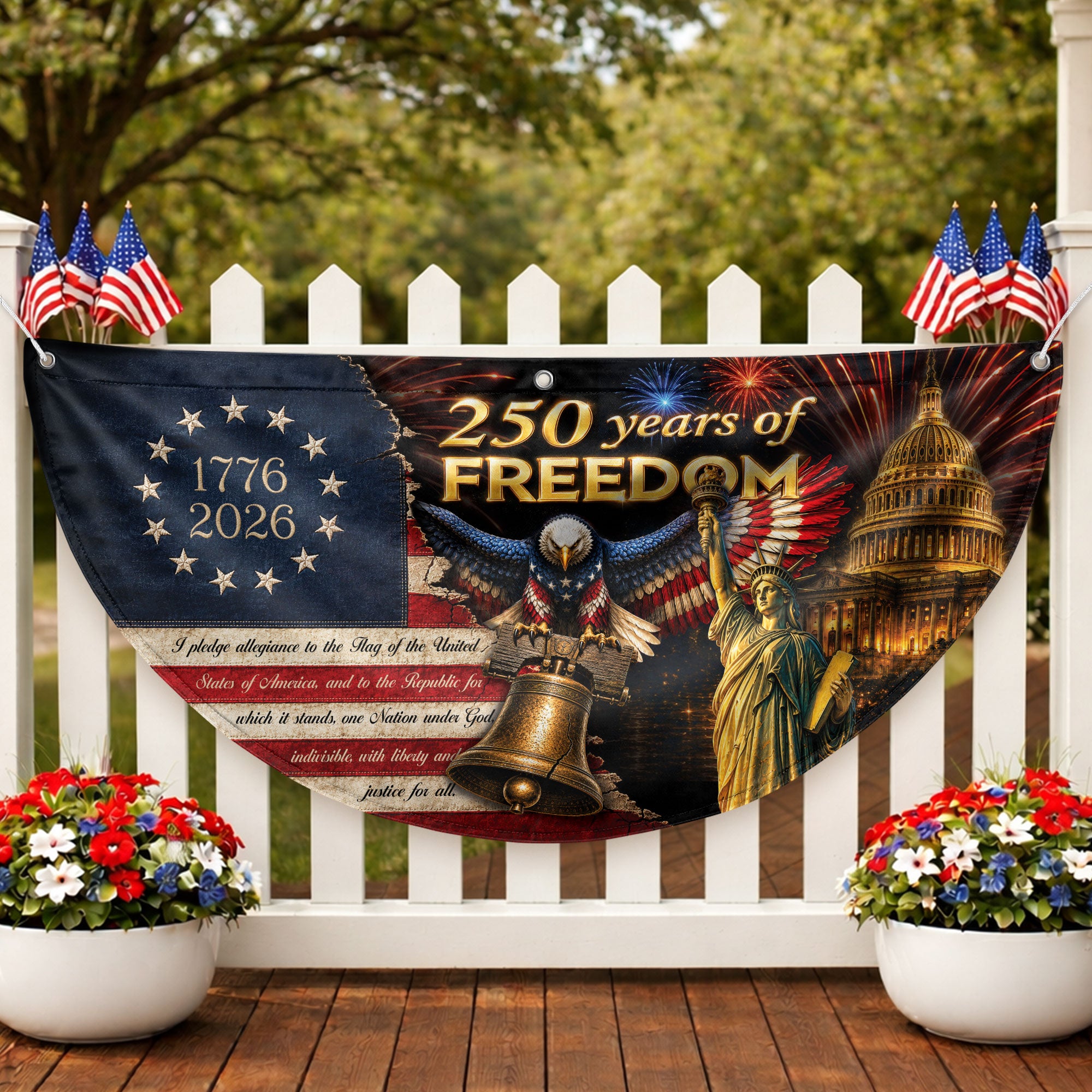 250th Anniversary US Fence Flag 1776-2026 Patriotic US Capitol Statue of Liberty Banner