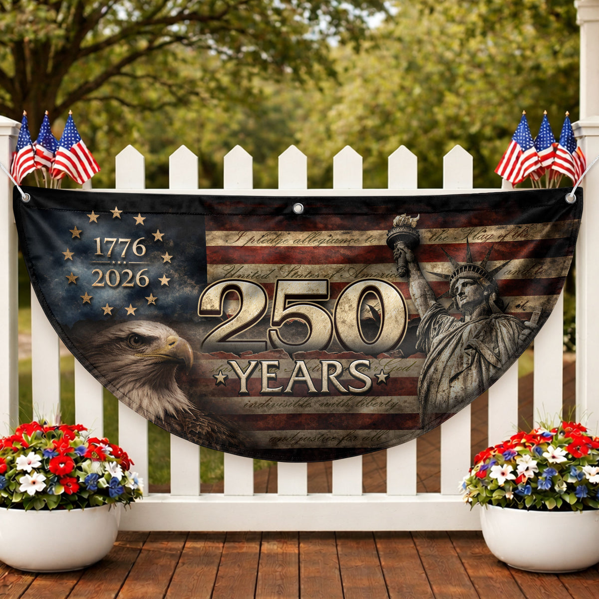Fence Flag 250 Years Patriotic Banner | 1776-2026 Statue of Liberty Outdoor Decor - Rust Field Wear