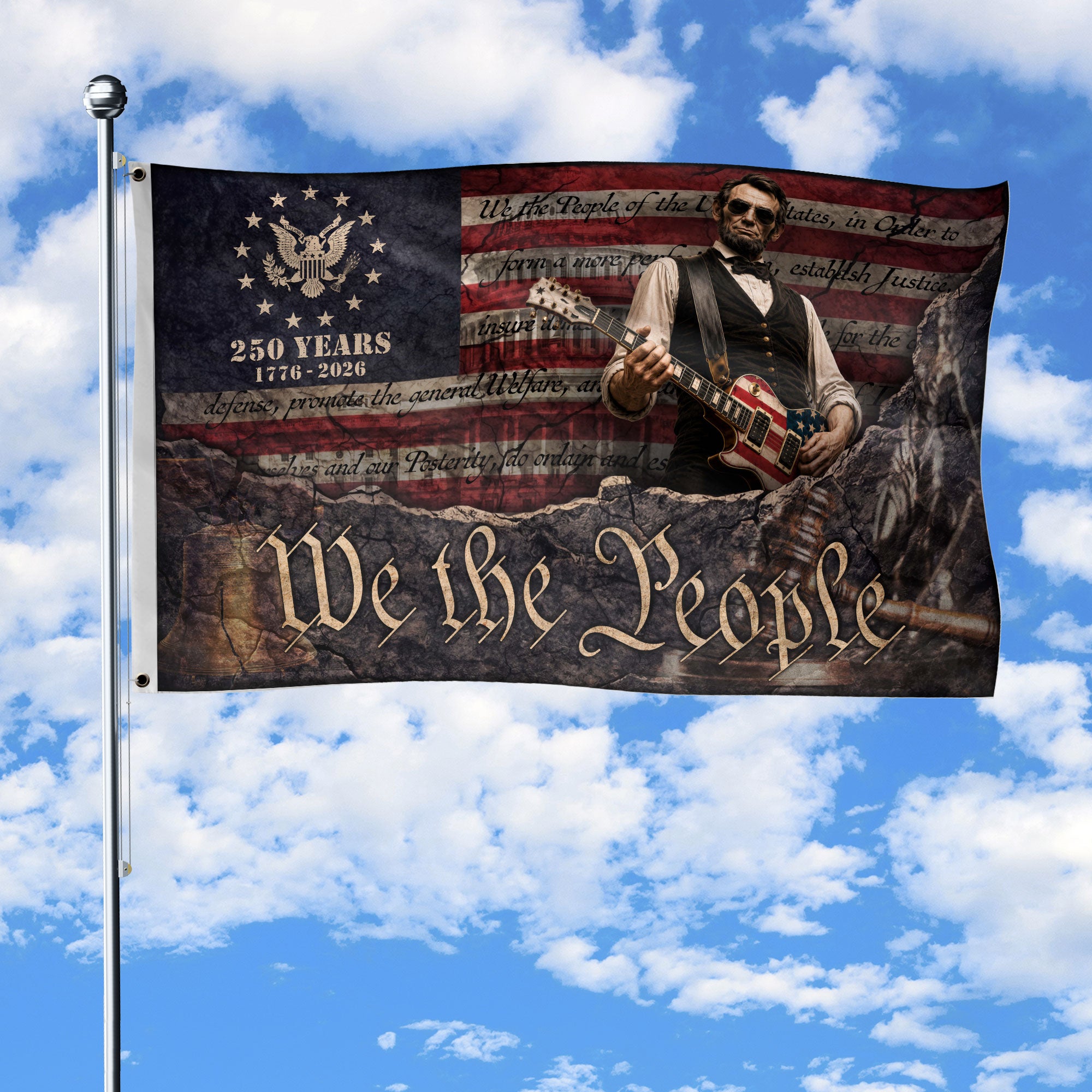 250 Years of Freedom Flag 1776-2026 Abraham Lincoln Guitar Bald Eagle Patriotic US Banner