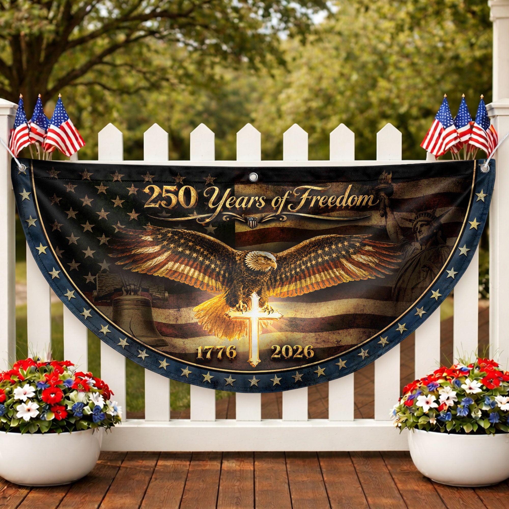 250 Years of Freedom Fence Flag 1776 2026 American Eagle Cross Patriotic Bunting Banner