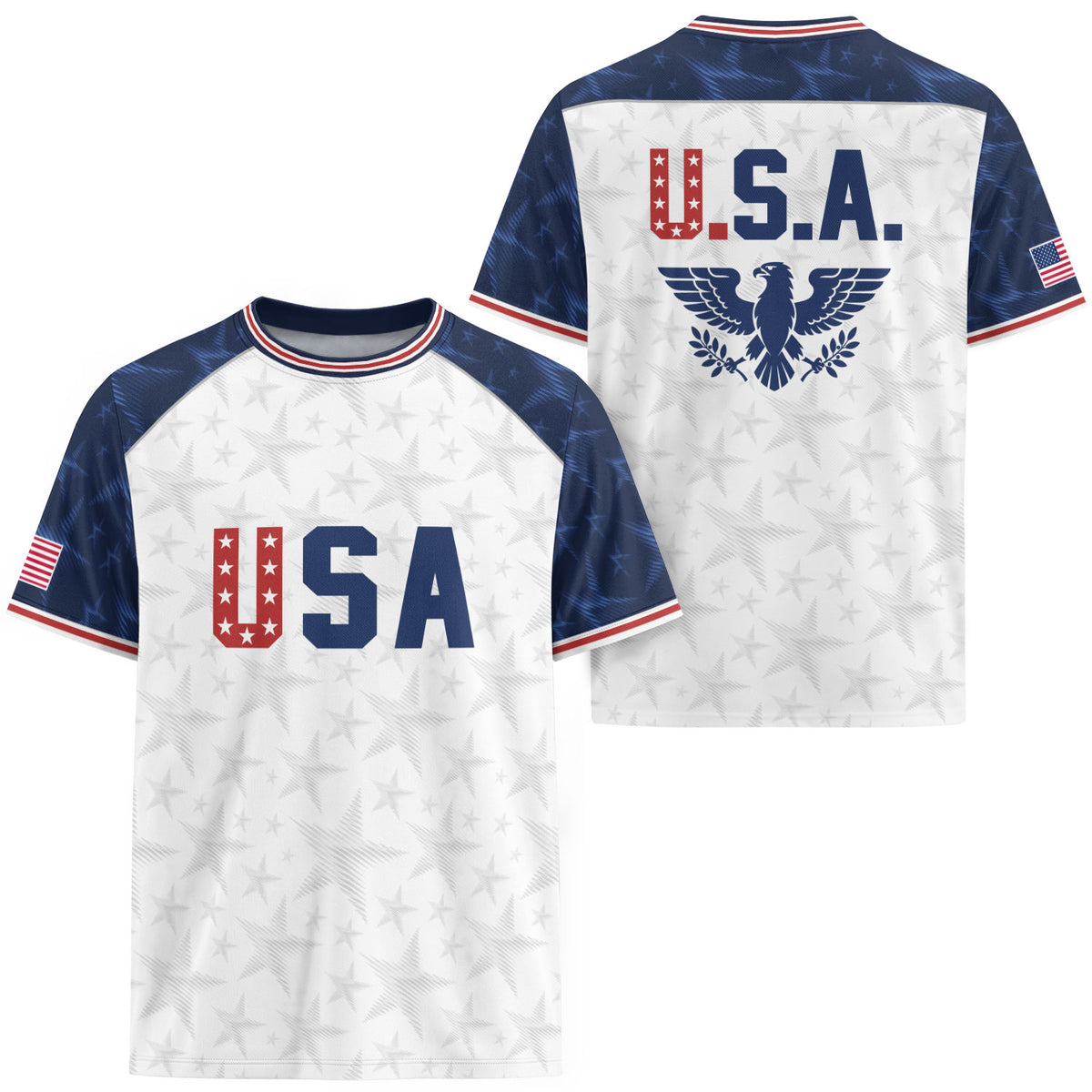 White USA Soccer Jersey Raglan American Flag Shirt Patriotic Eagle Crest Soccer Fan Tee - Rust Field Wear