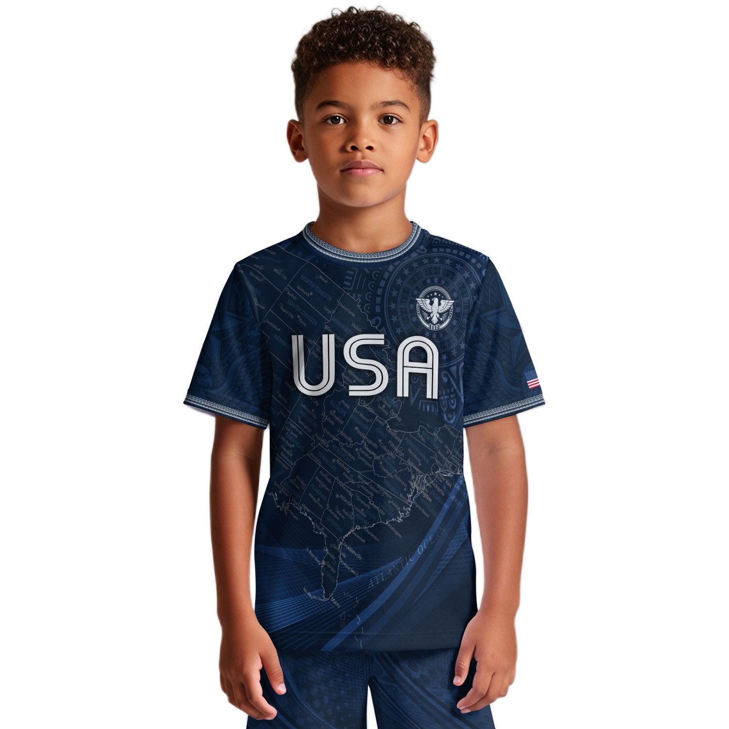 USA Kids Soccer Jersey Set Navy Blue Eagle Map Patriotic Football Outfit Kit