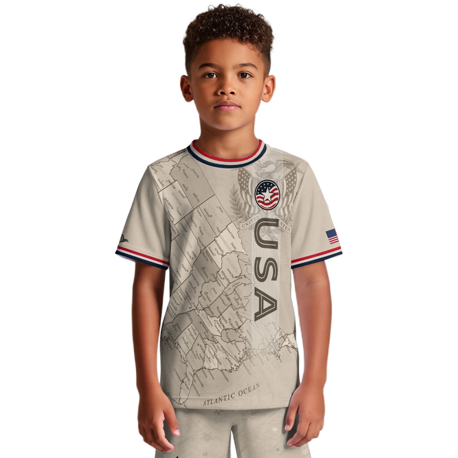 USA Kids Soccer Jersey Set Off White Map Graphic Youth Football Kit
