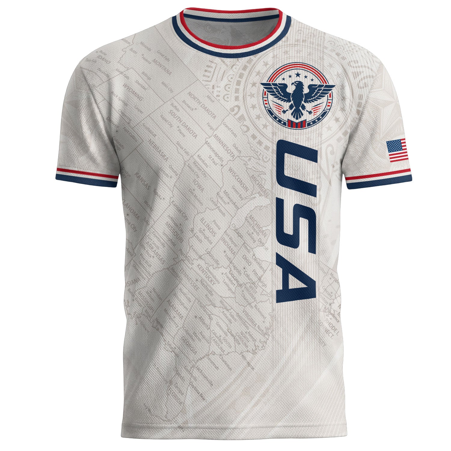 USA Soccer Jersey White US Map American Flag Shirt Patriotic Eagle Soccer Fan Tee