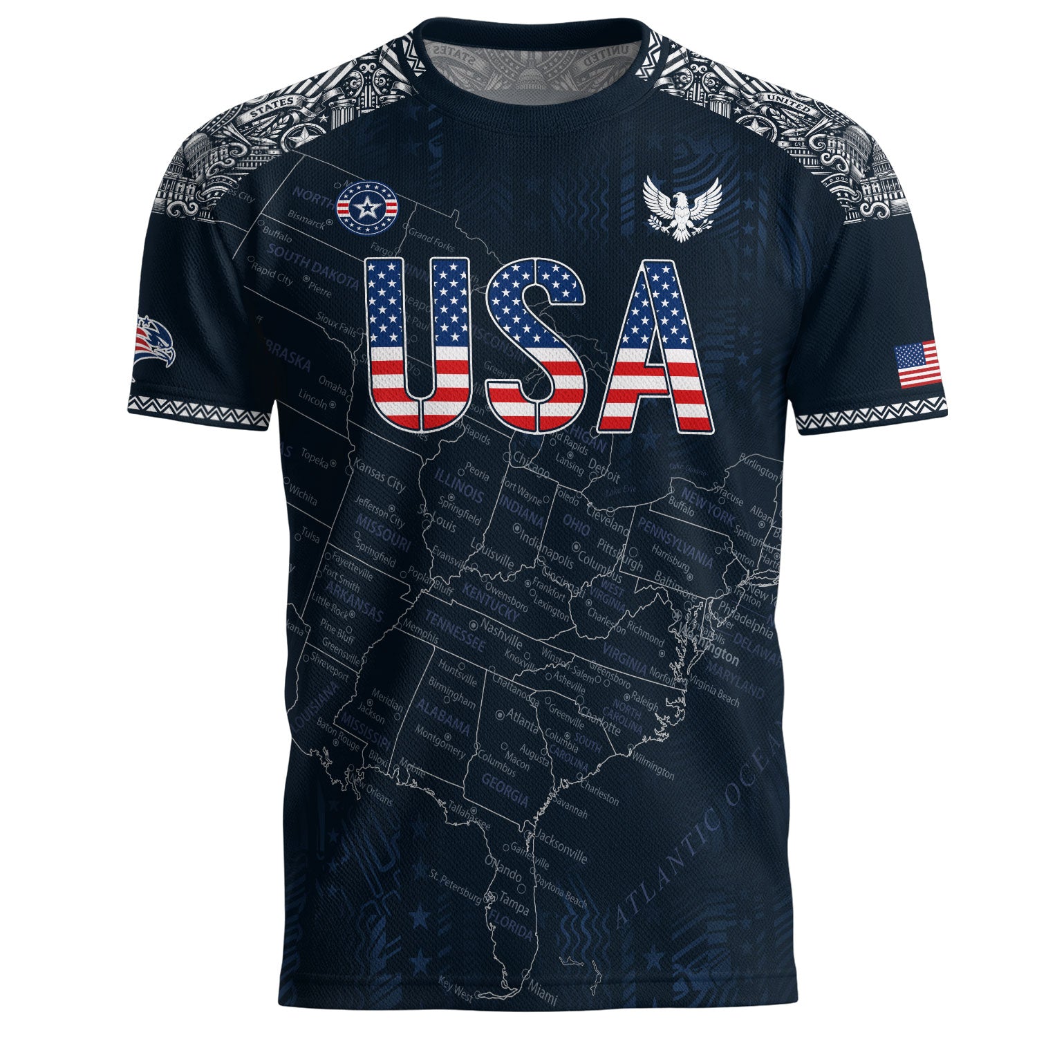 Navy USA Soccer Jersey Flag Pattern US Map American Shirt Patriotic Stars Stripes