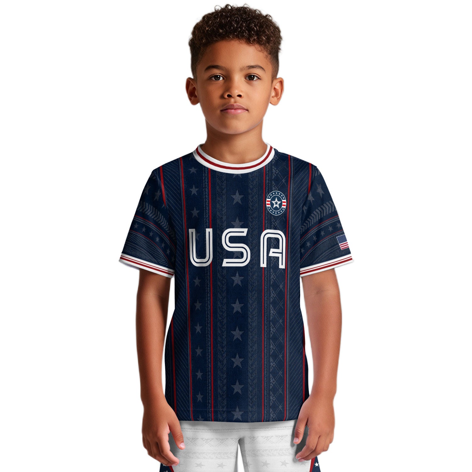 USA Kids Soccer Jersey Set Navy Blue White Striped Youth Football Kit