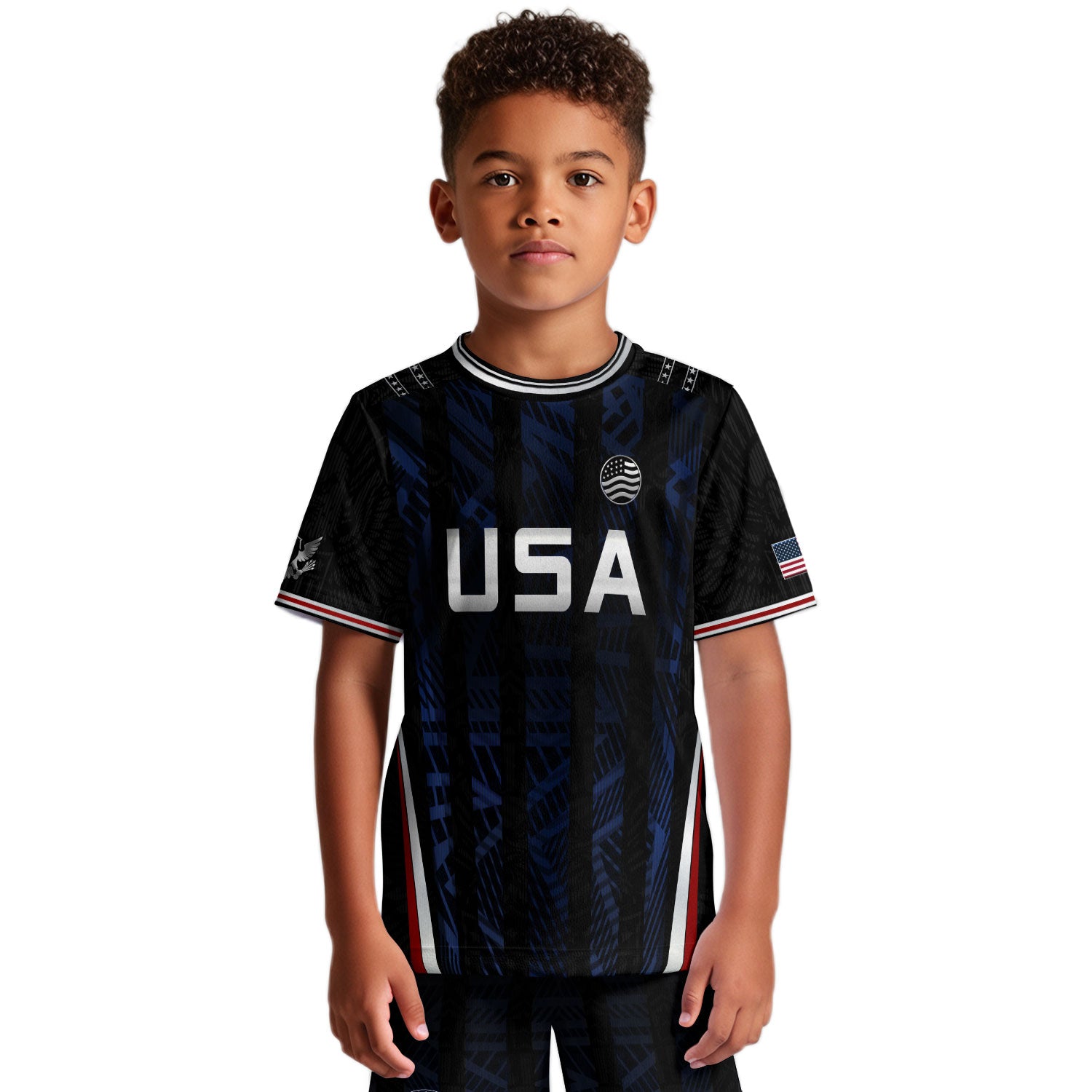 USA Kids Soccer Jersey Set Black Navy Eagle Crest Youth Football Kit