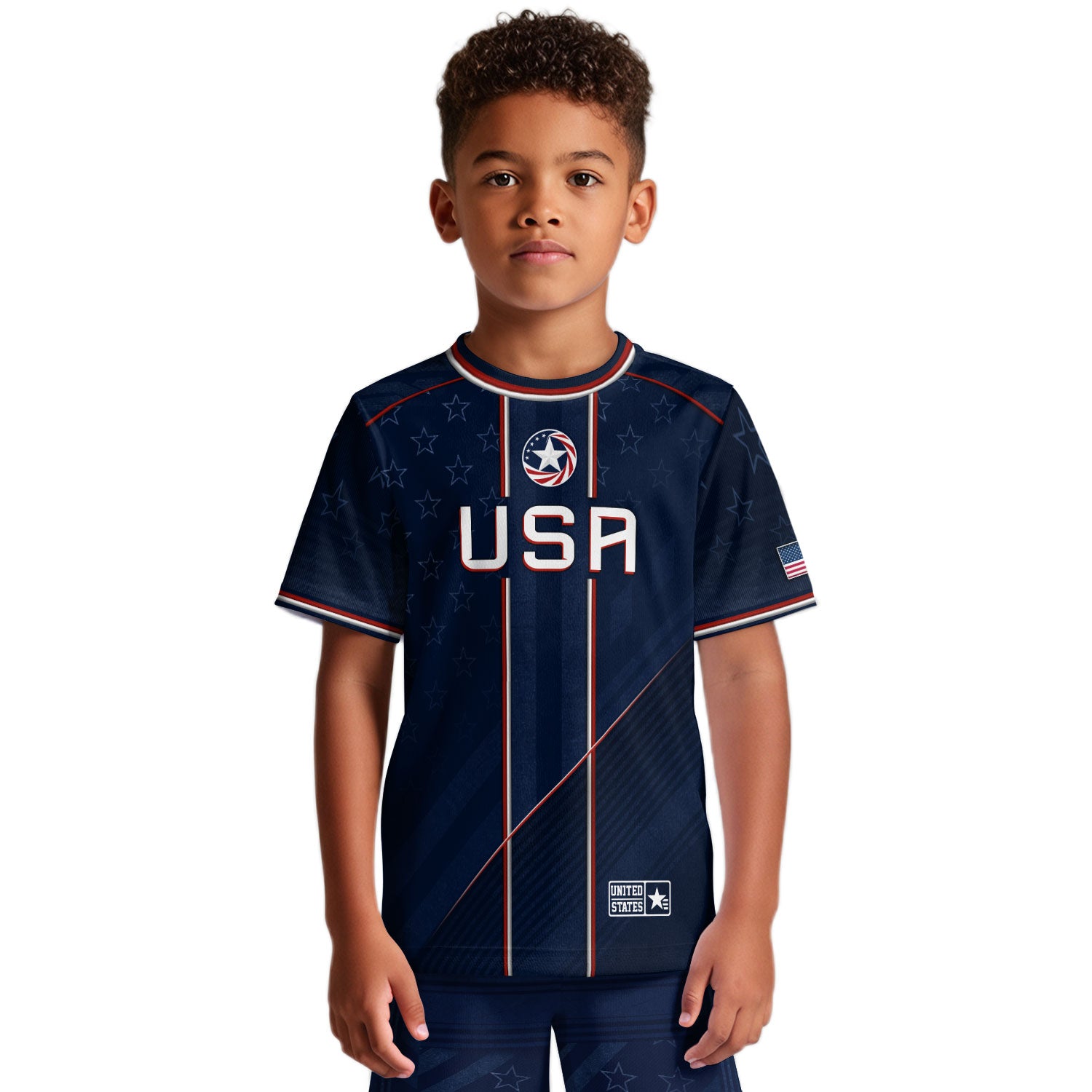 USA Kids Soccer Jersey Set Navy Blue Red Line Youth Football Outfit