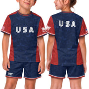 USA Kids Soccer Jersey Youth Navy Blue Red Patriotic Stars Graphic Football Shirt - Rust Field Wear