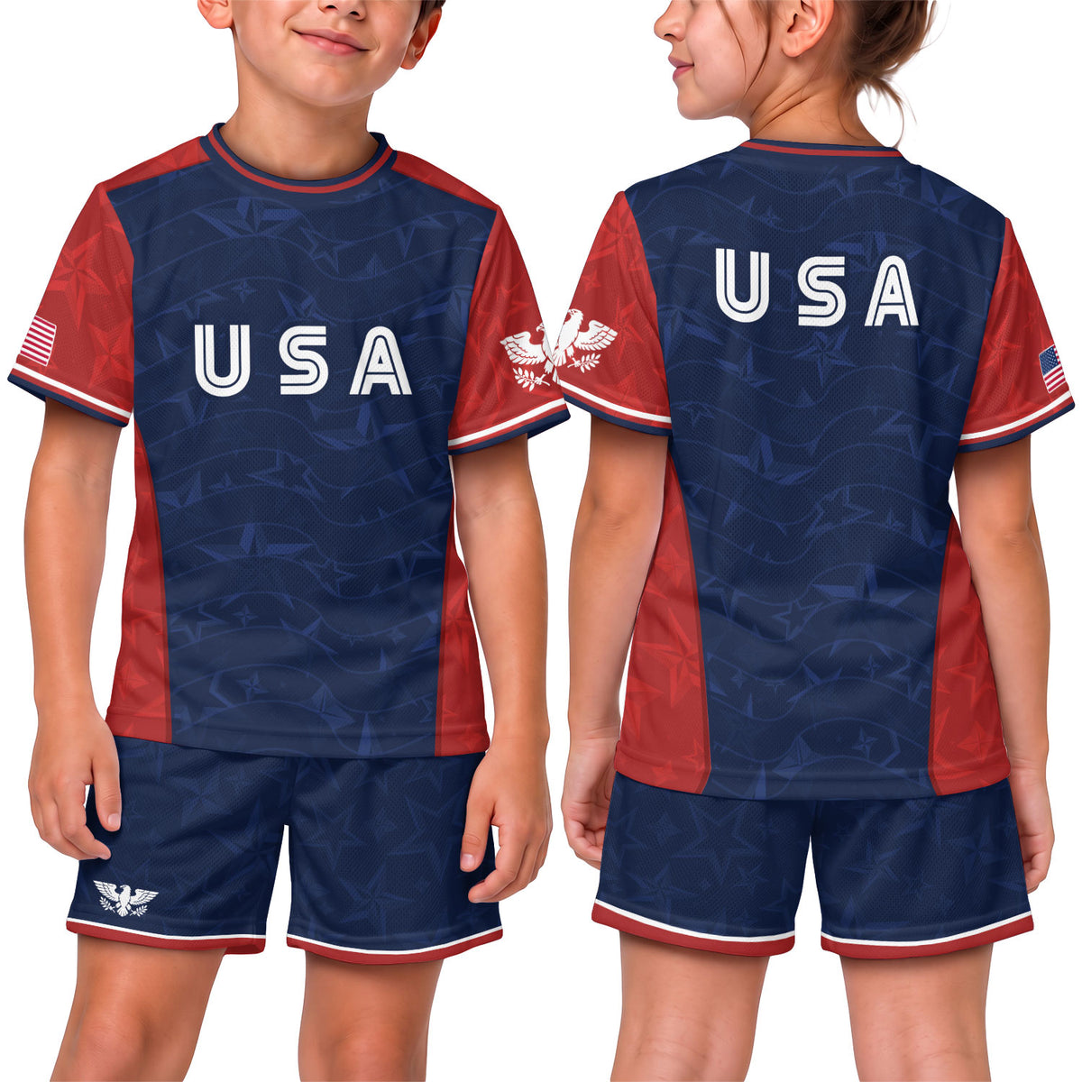 USA Kids Soccer Jersey Youth Navy Blue Red Patriotic Stars Graphic Football Shirt - Rust Field Wear