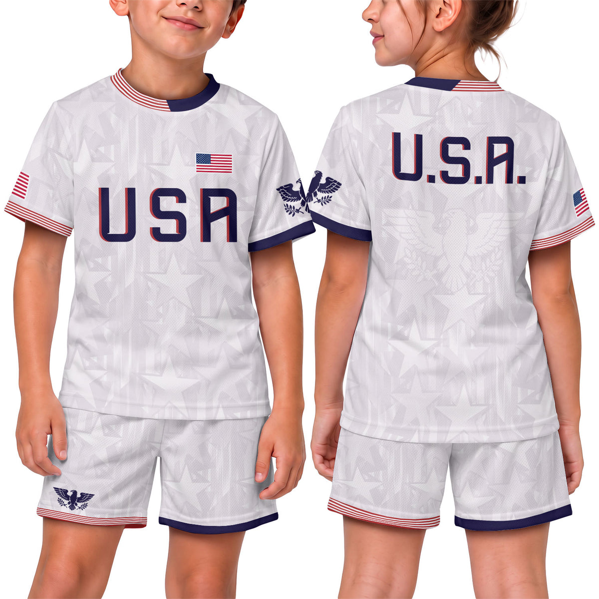 USA Kids Soccer Jersey Youth White Patriotic Stars Eagle Graphic Football Shirt - Rust Field Wear