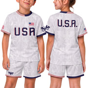 USA Kids Soccer Jersey Youth White Patriotic Stars Eagle Graphic Football Shirt - Rust Field Wear