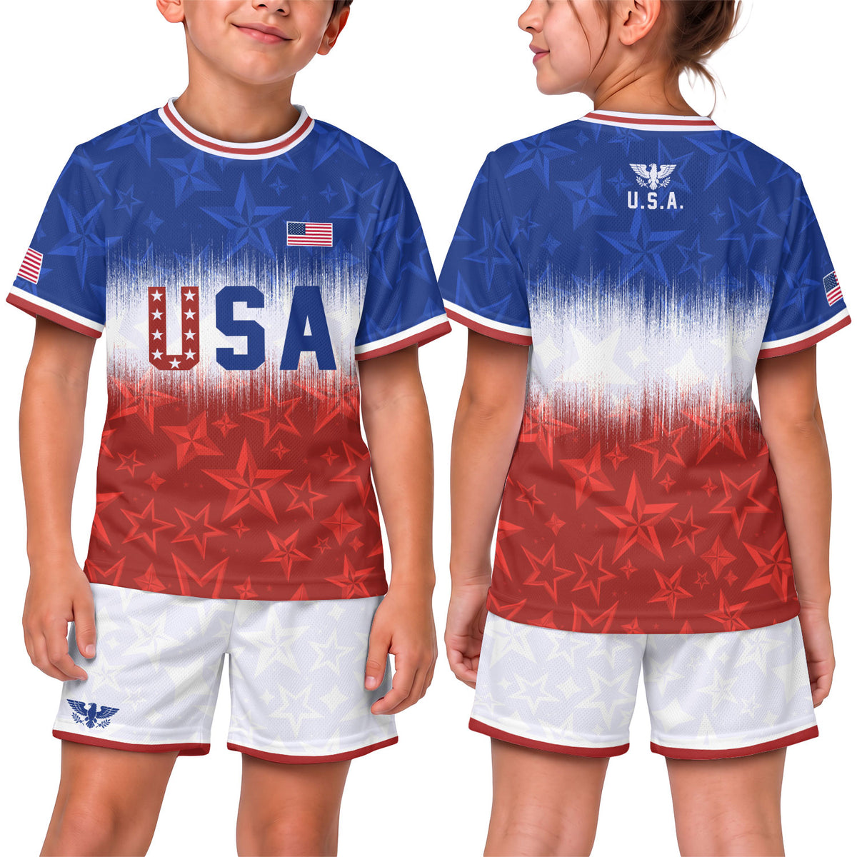 USA Kids Soccer Jersey Youth Blue White Red Tie Dye Stars Patriotic Football Shirt - Rust Field Wear