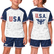 USA Kids Soccer Jersey Youth White Blue Raglan Patriotic Stars Eagle Football Shirt - Rust Field Wear